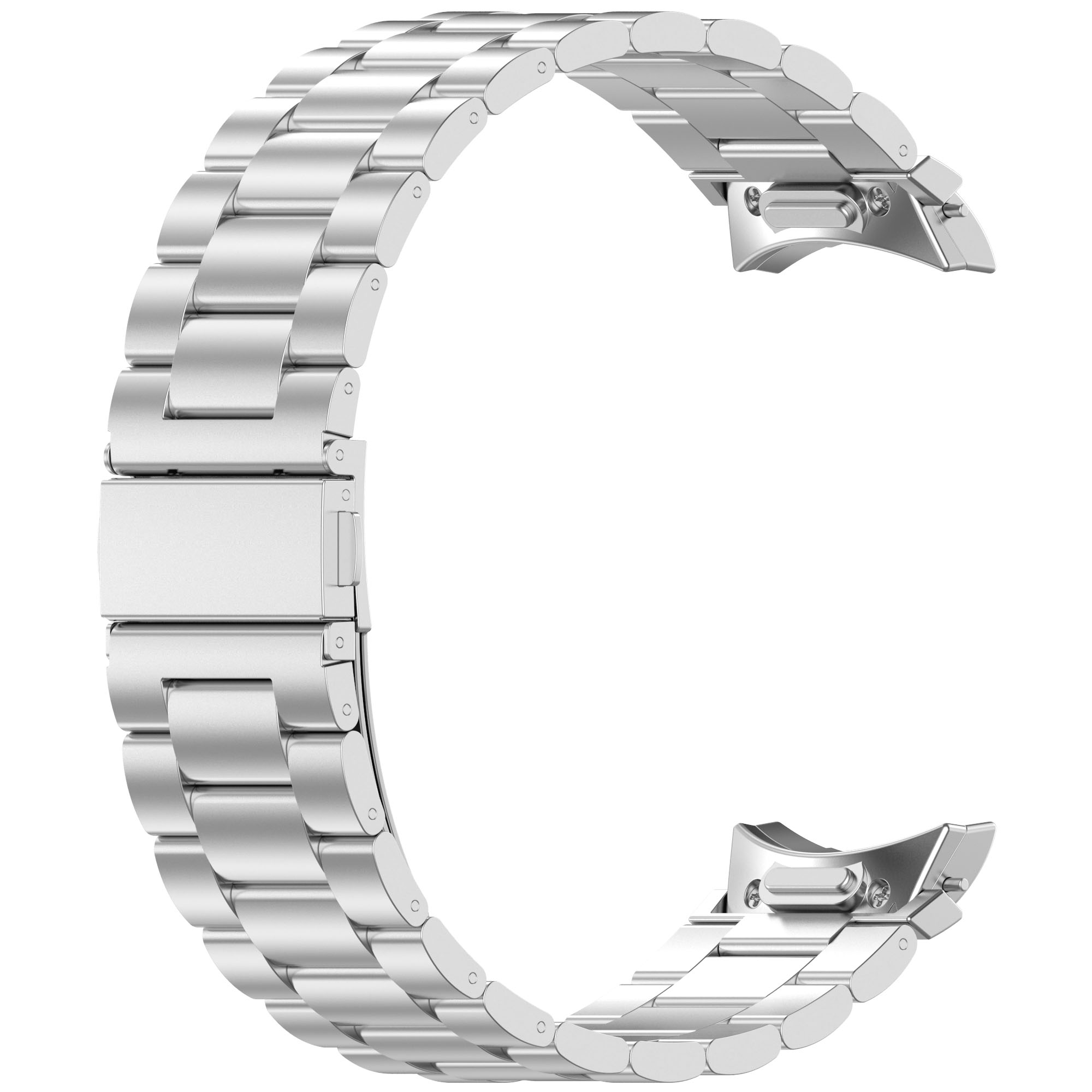 Silbernes Metalluhrenarmband. Es ist gebogen und mit einem Verschluss.