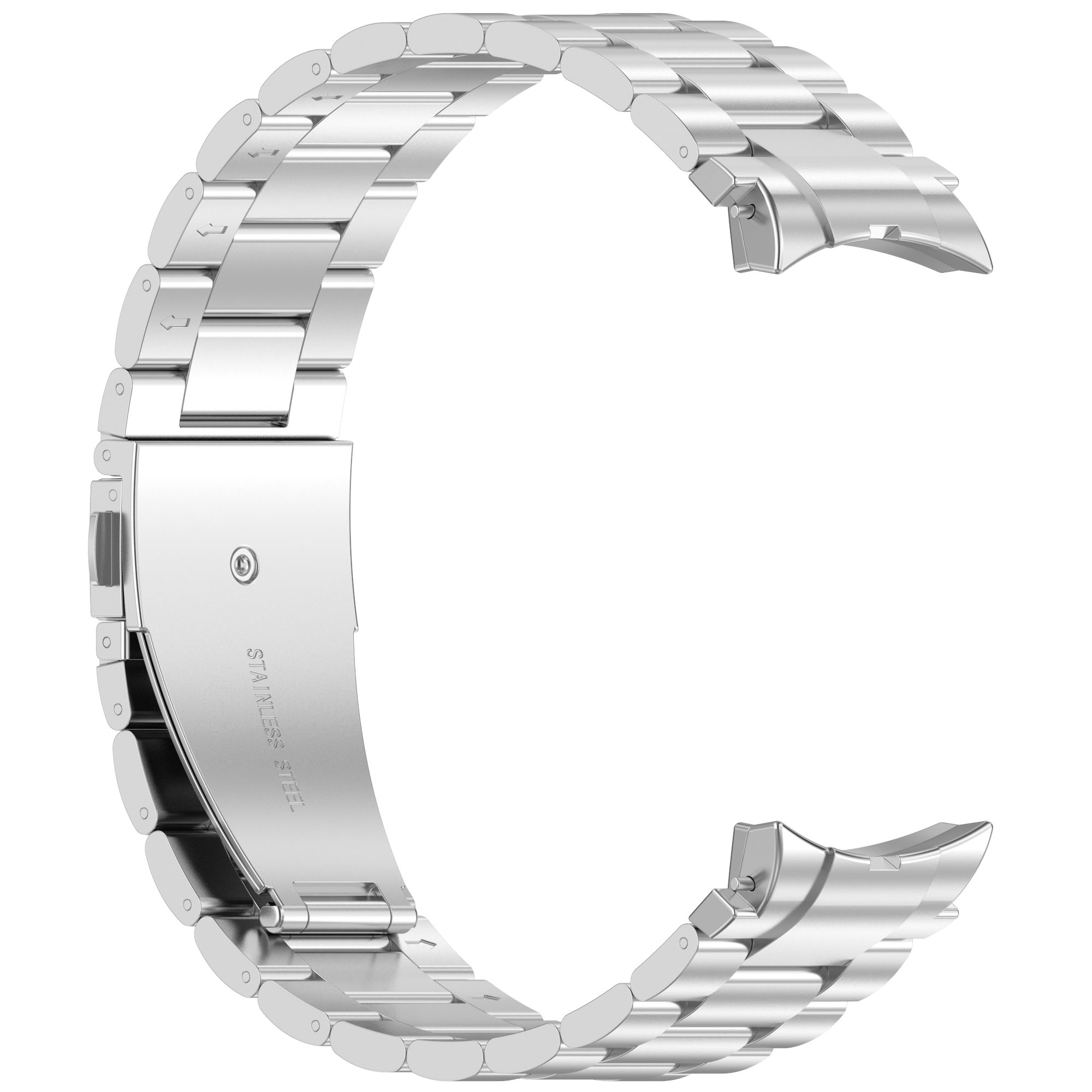 Edelstahl-Uhrenarmband, geöffnet und bereit zum Anschließen.