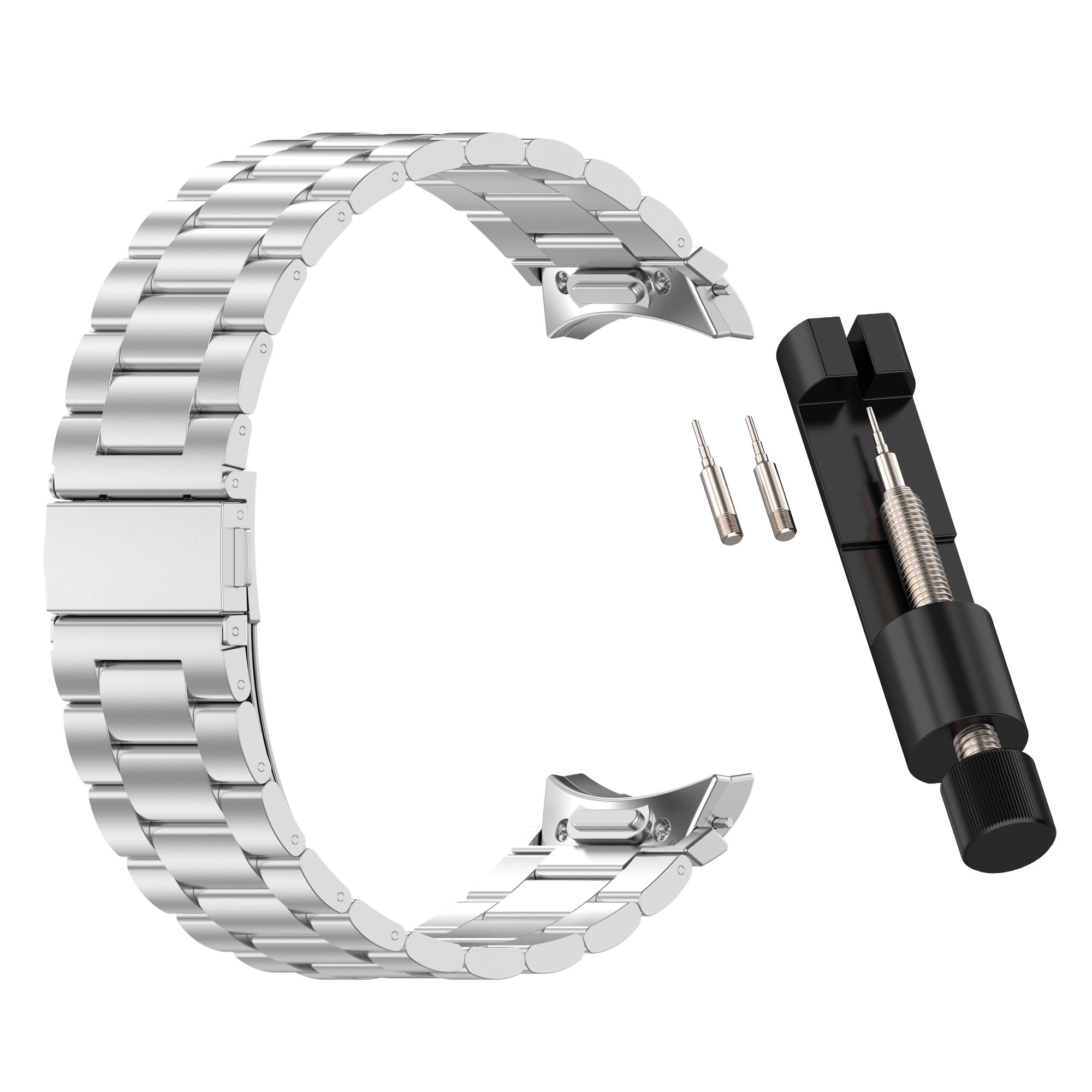 Silbernes Metalluhrenarmband mit Werkzeugen zum Entfernen von Gliedern und einem Stift.