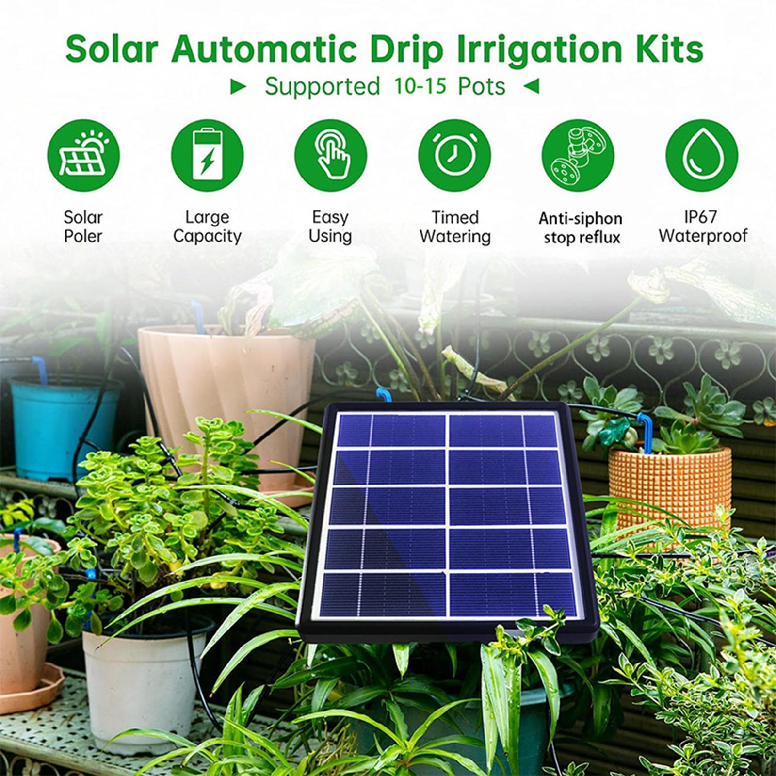 Solarbetriebenes automatisches Tropfbewässerungssystem mit Symbolen und Topfpflanzen im Hintergrund.