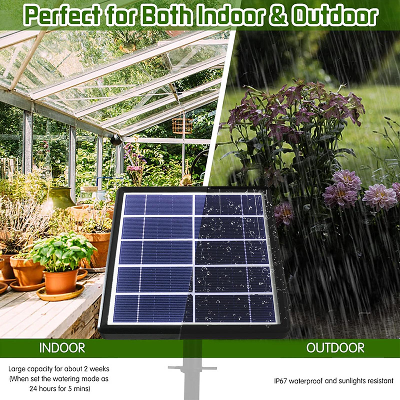 Solarpanel-Setup drinnen und draußen. Zeigt eine Gewächshaus- und Gartenszene.