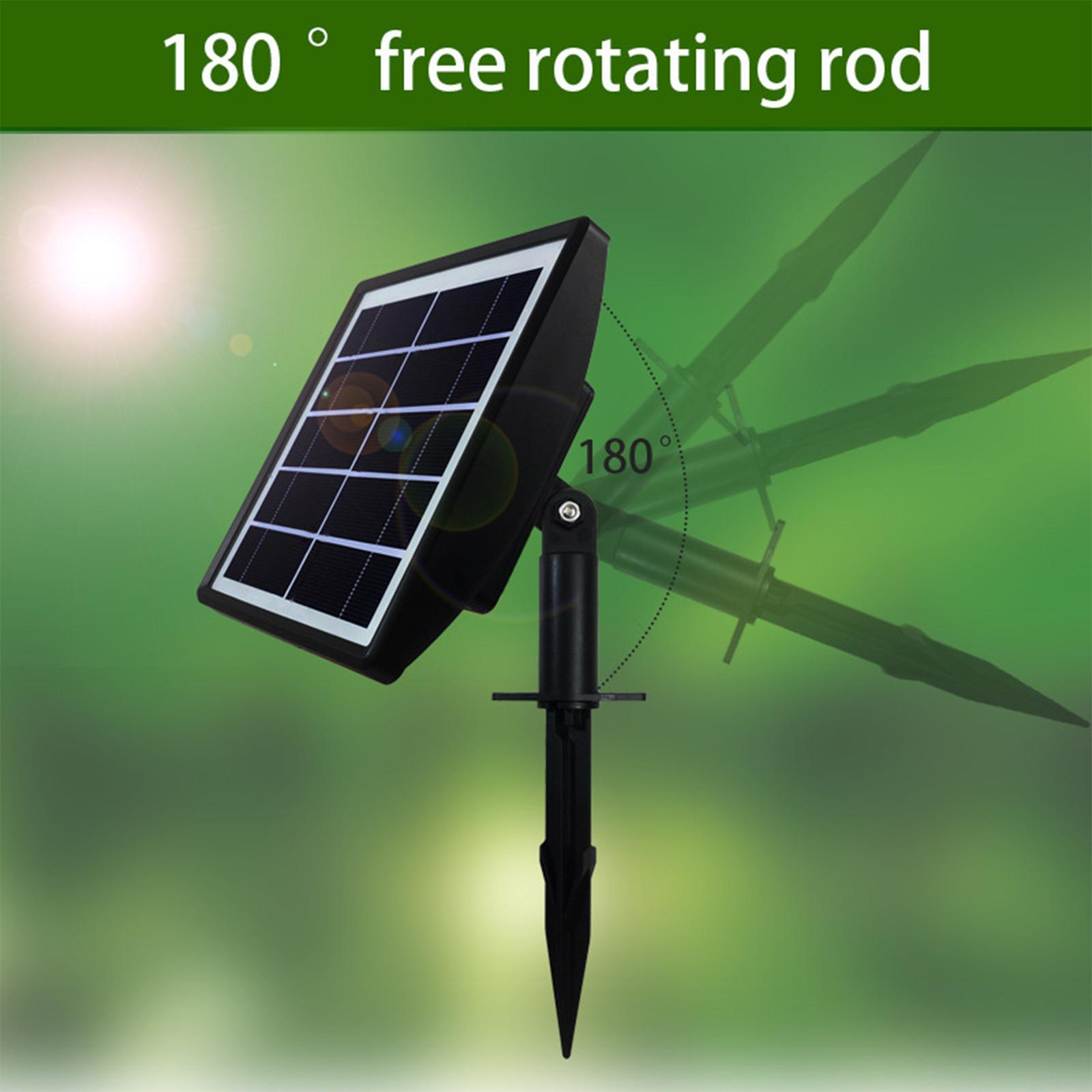 Schwarzes Solarpanel mit einer um 180 Grad drehbaren Stange, vor grünem Hintergrund mit Text.