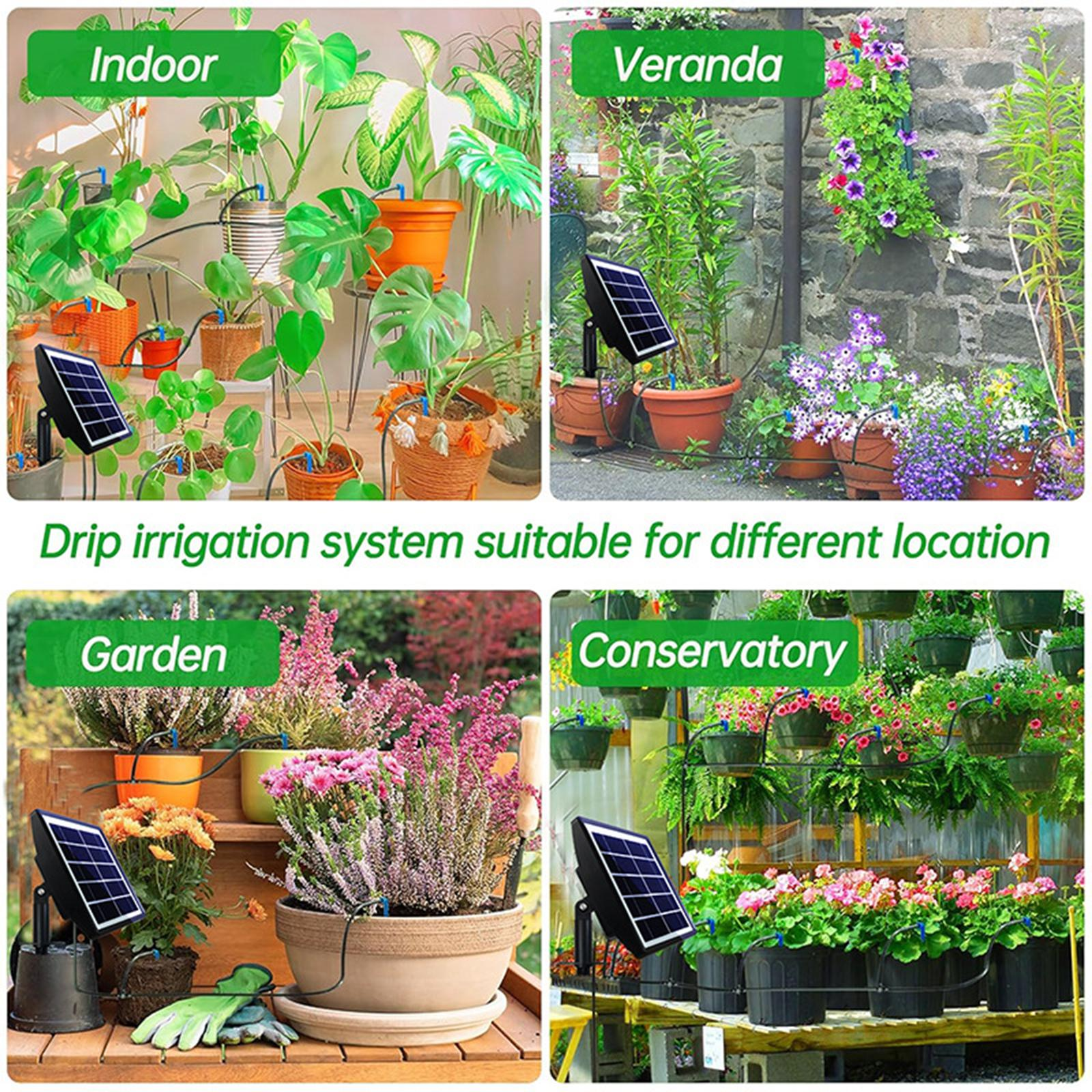 Vier Bilder, die Tropfbewässerungssysteme in verschiedenen Umgebungen zeigen: Innen, Veranda, Garten und Wintergarten.