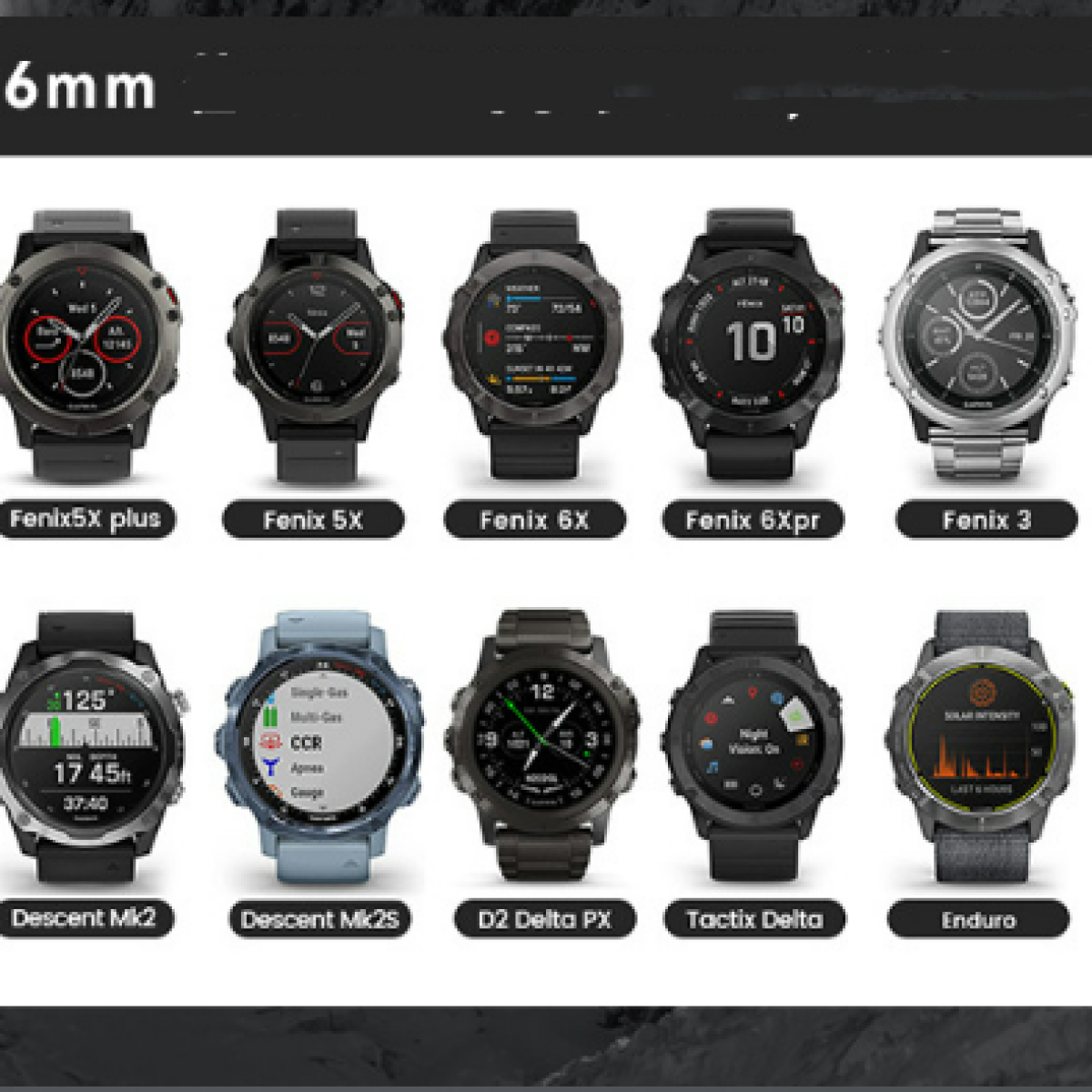Sammlung von Smartwatches mit verschiedenen Designs, dargestellt vor dunklem Hintergrund.