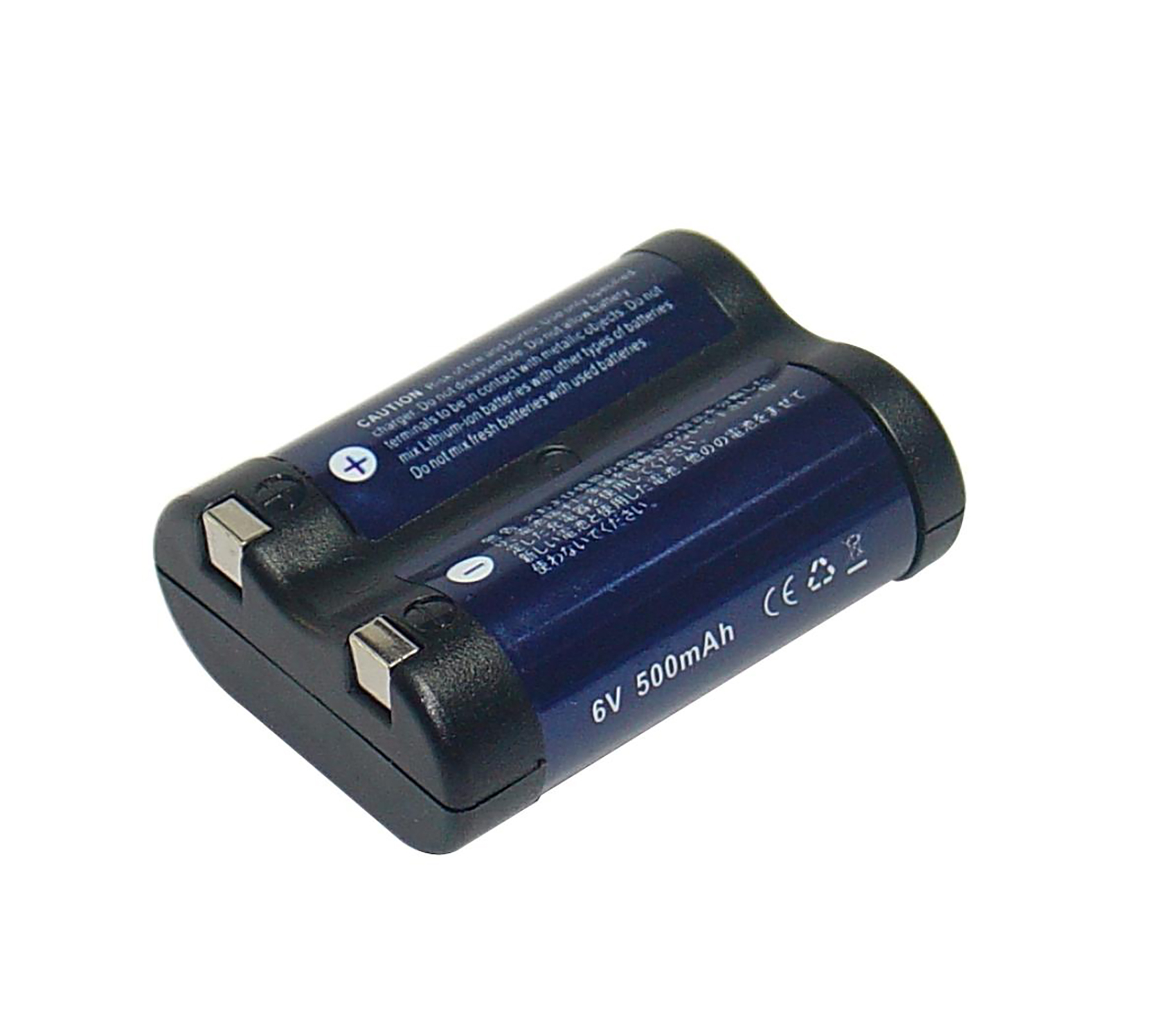 Due batterie blu scuro, con testo. Testo: 6V 500mAh. Sfondo bianco.