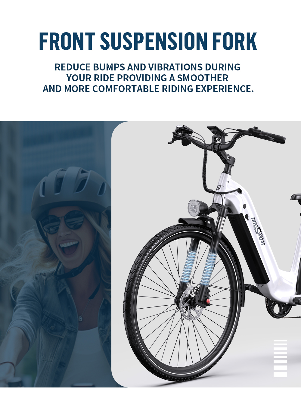 Rower elektryczny z przednim widelcem amortyzowanym. Kobieta uśmiecha się w tle, nosząc kask.