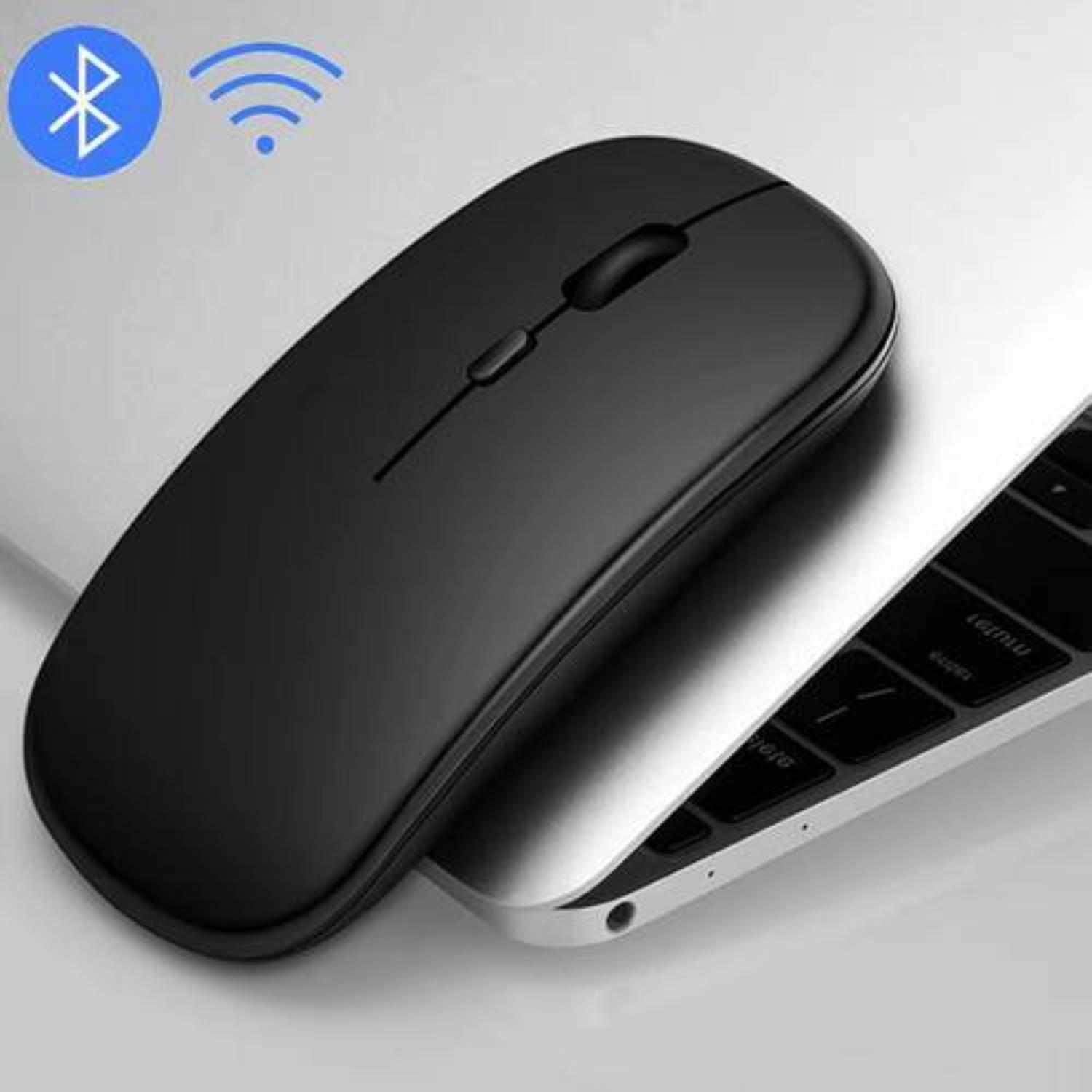 Schwarze kabellose Maus auf einem Laptop. Bluetooth- und WLAN-Symbole sind sichtbar.