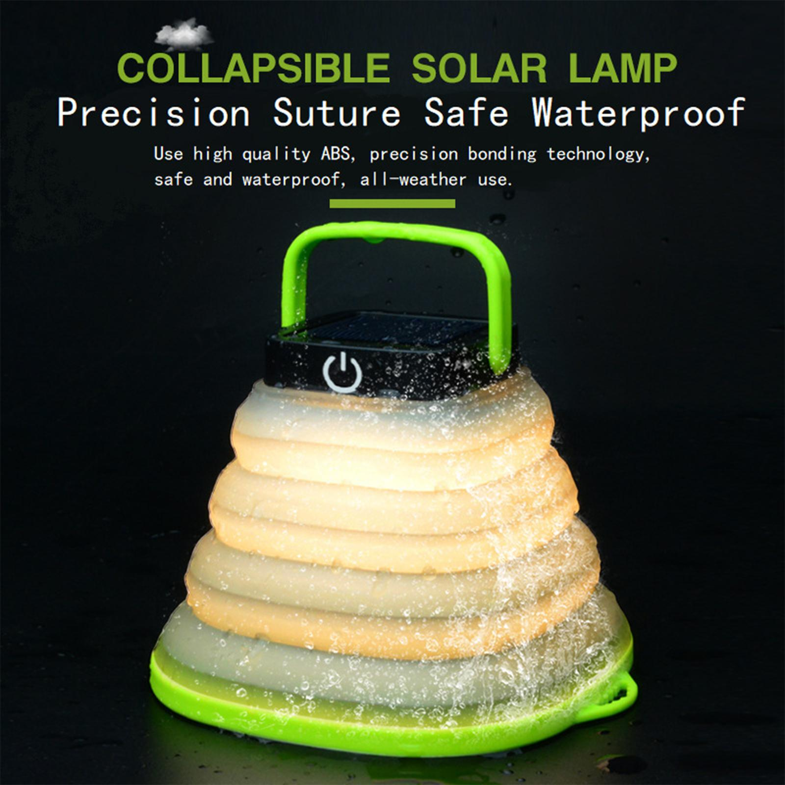 Zusammenklappbare Solarleuchte, grüner Griff, schwarzes Solarpanel, Wassertropfen und Licht.