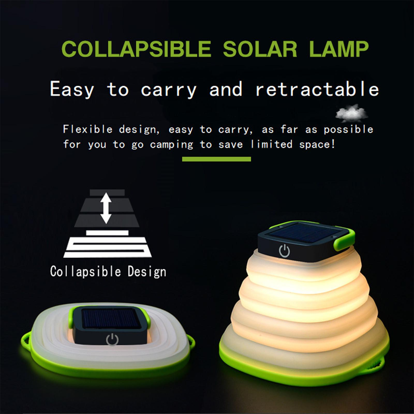Zusammenklappbare Solarleuchte, grüner Griff, schwarzes Solarpanel und eine Illustration des Designs.