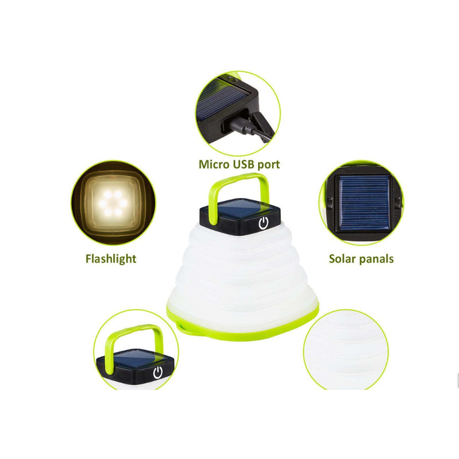 Solarlampen-Details: Taschenlampe, Micro-USB-Anschluss, Solarpanels, grüner Griff und Ein/Aus-Taste.