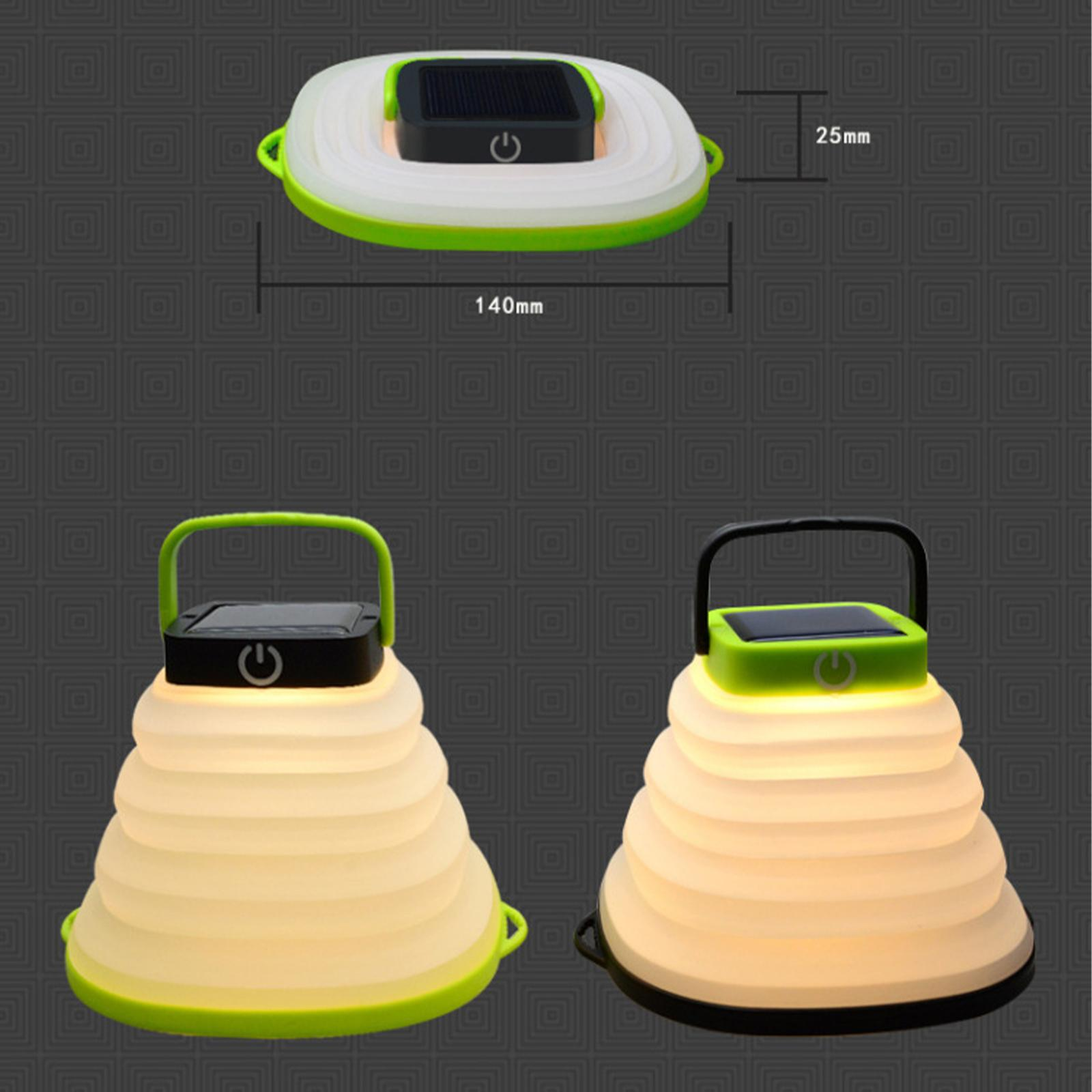 Zusammenklappbare Solarleuchten. Abmessungen sind auf einer flachen und stehenden Lampe mit grünem Griff dargestellt.