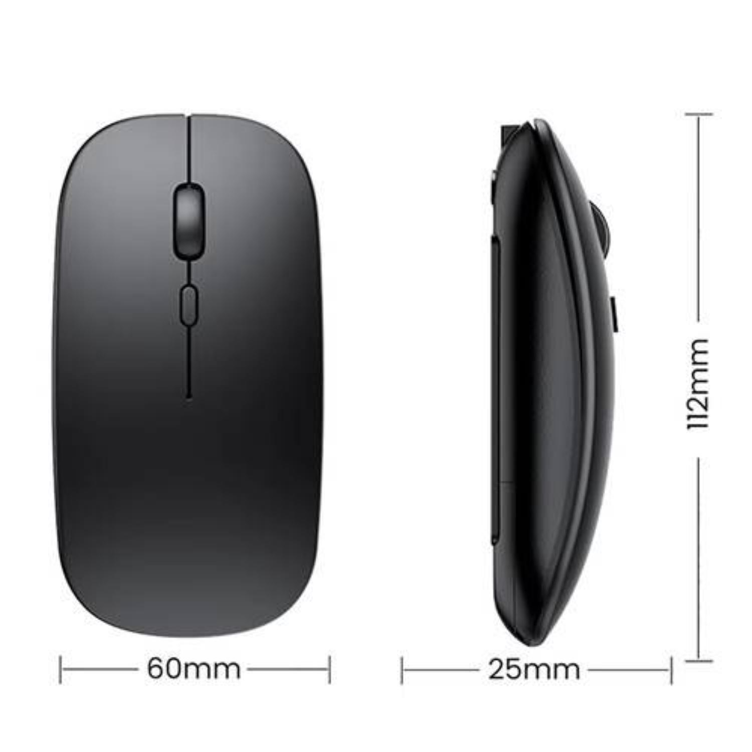 Schwarze Maus mit Abmessungen: 60mm x 25mm x 112mm. Sie hat ein Scrollrad und zwei Tasten.