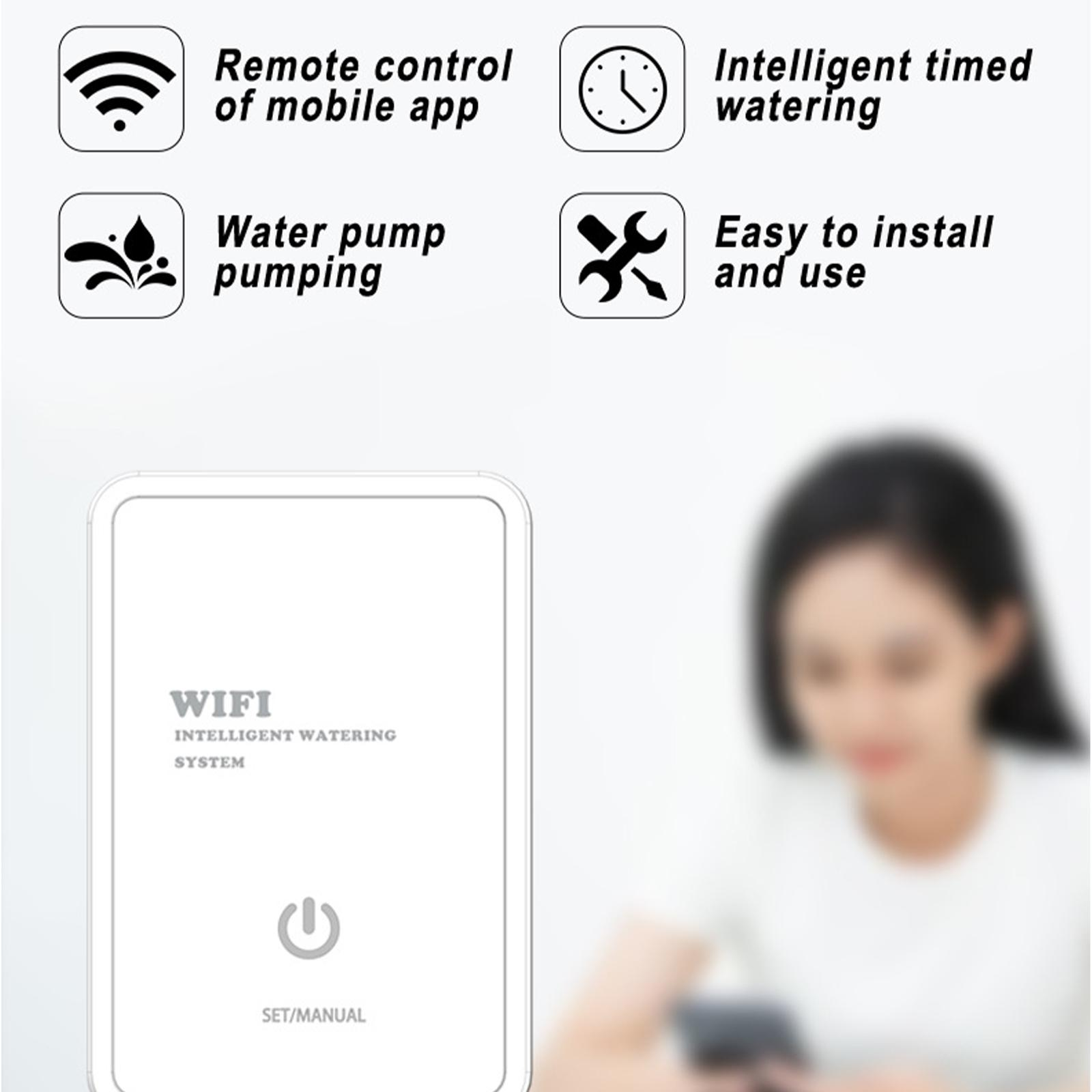 Weißes Gerät mit Symbolen für WLAN, Wasserpumpe, Fernbedienung. Vor einer Frau.