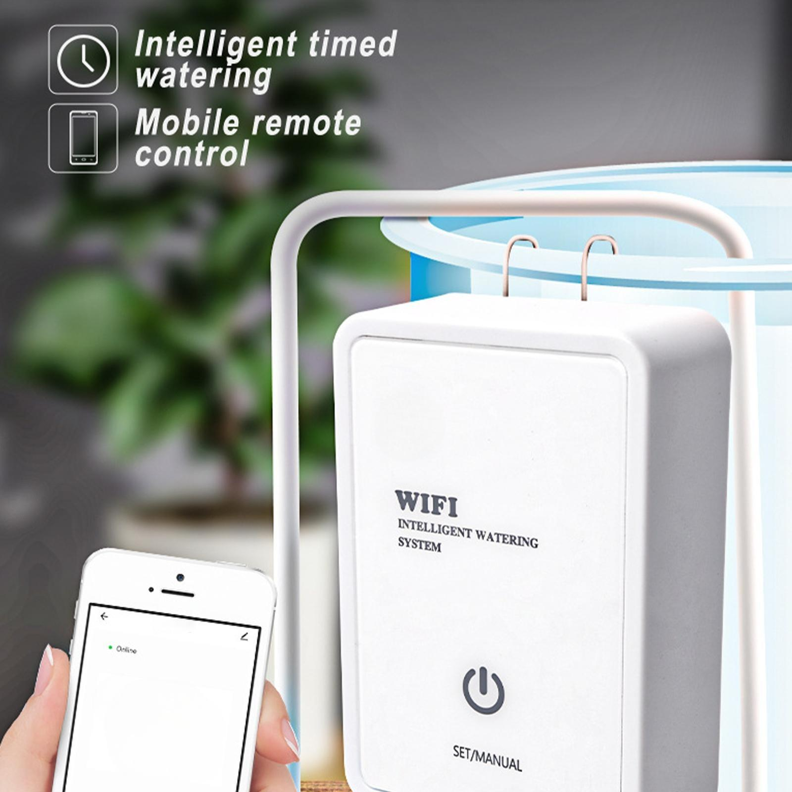 Weißes Gerät mit WLAN, Fernbedienung und Telefon. Steuert zeitgesteuerte Bewässerung.