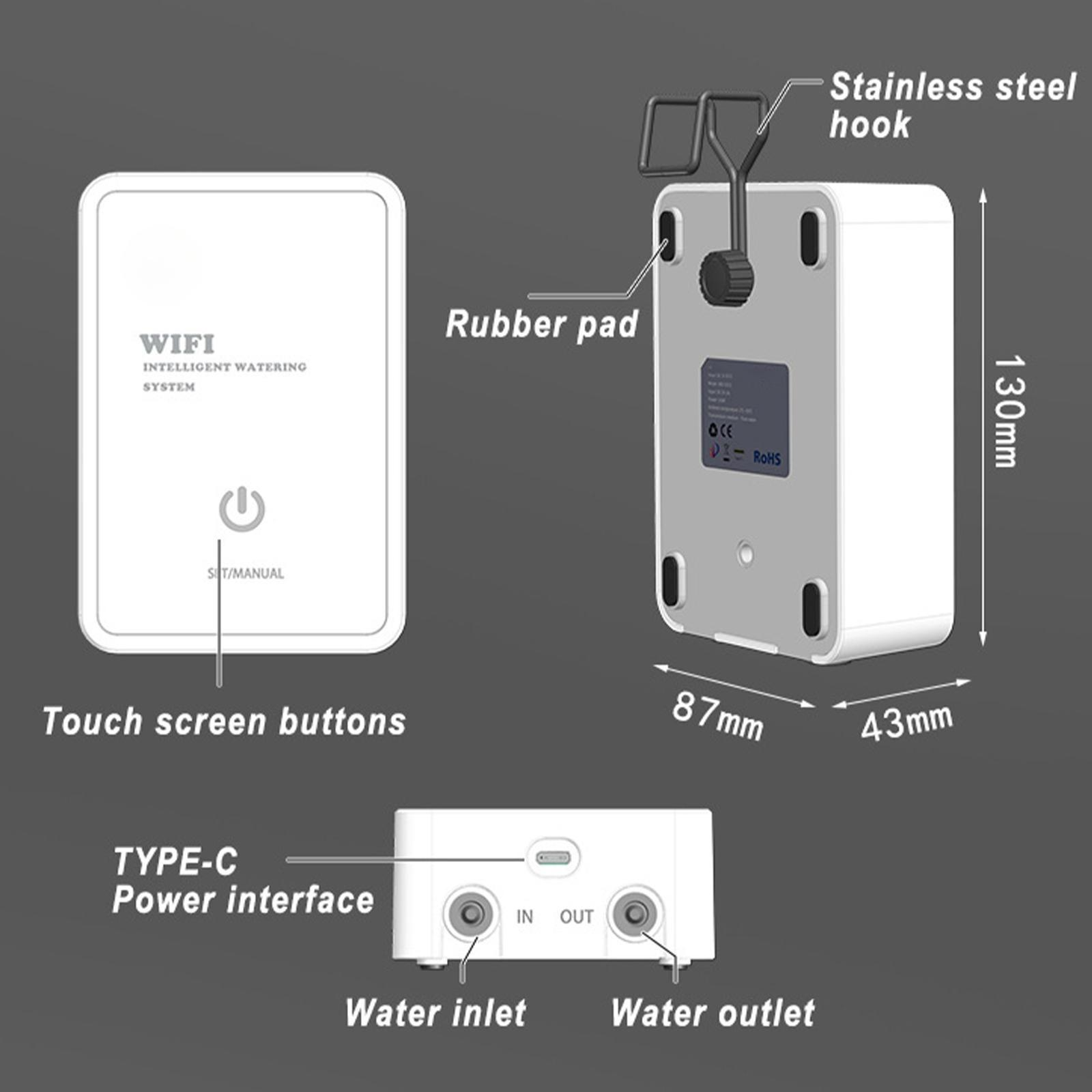 Weißes Gerät mit Abmessungen, Haken und Etiketten für Touchscreen-Tasten, Typ-C, Ein-/Auslass.
