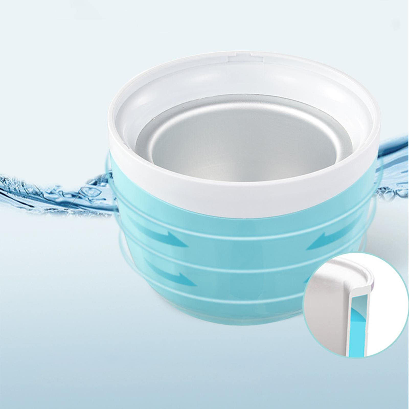 Blau-weiße Eismaschine mit Pfeilen, die den Kühlprozess zeigen, und ein Detail.