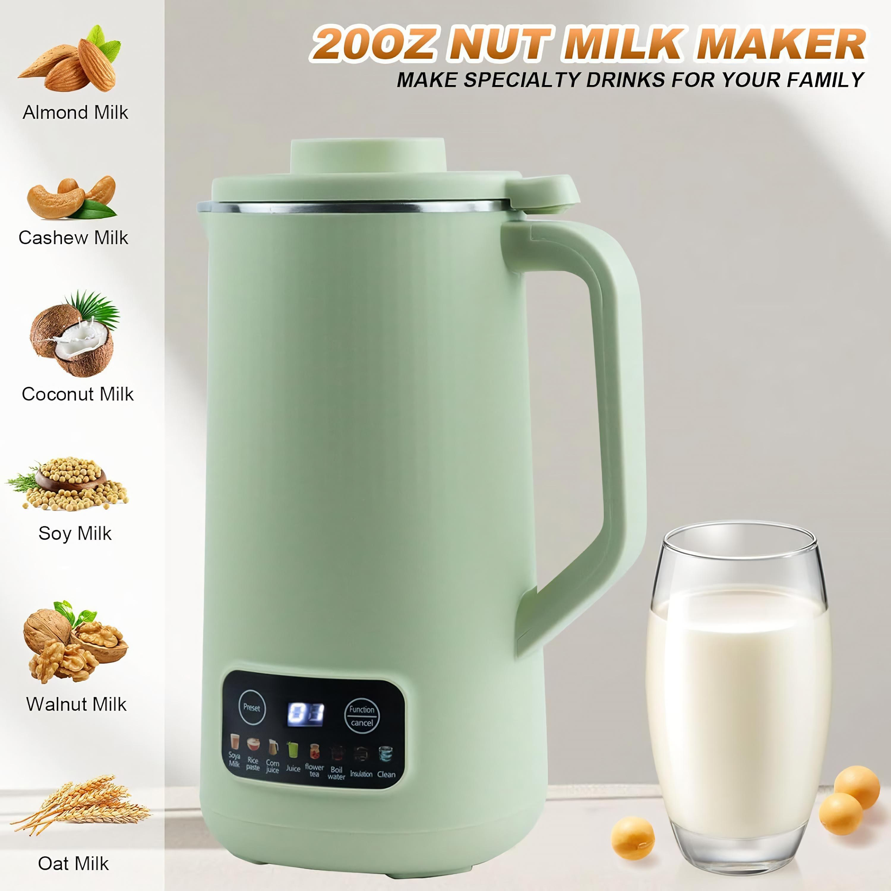 Nussmilchbereiter mit verschiedenen Nüssen und einem Glas Milch. Hellgrünes Gehäuse und Bedienfeld.