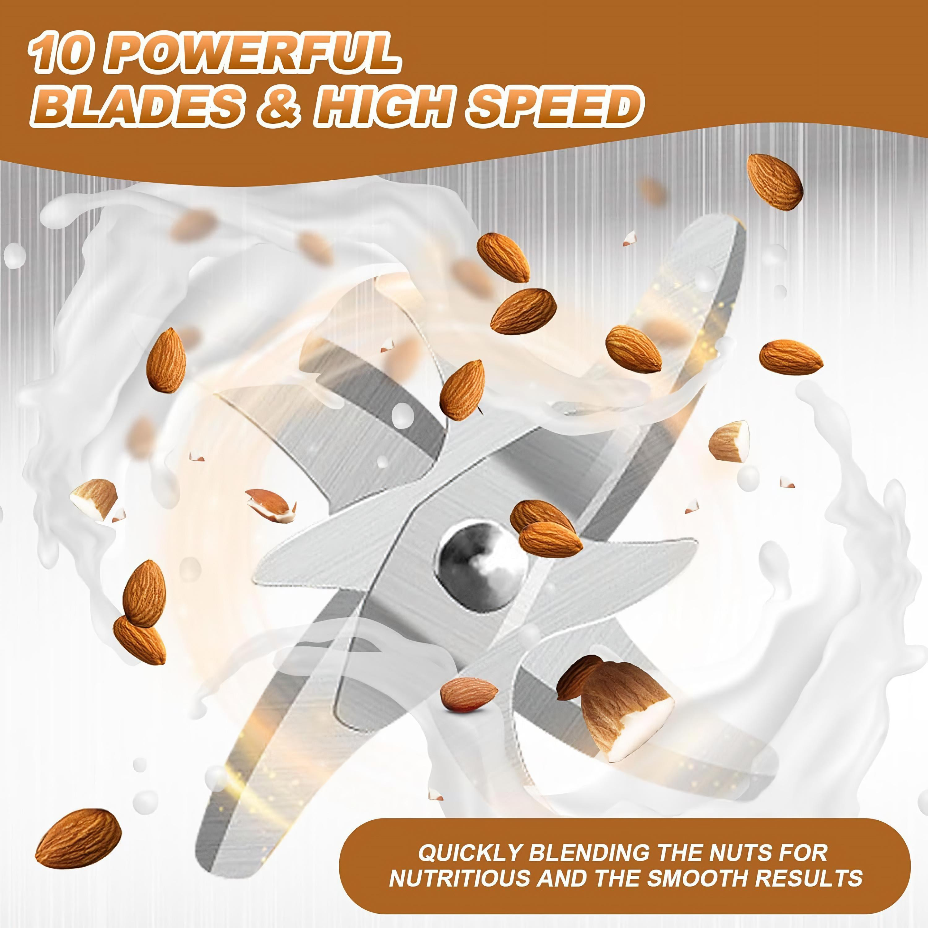 Mixerklingen umgeben von Mandeln und einem Spritzer Milch, Text: '10 POWERFUL BLADES & HIGH SPEED'.