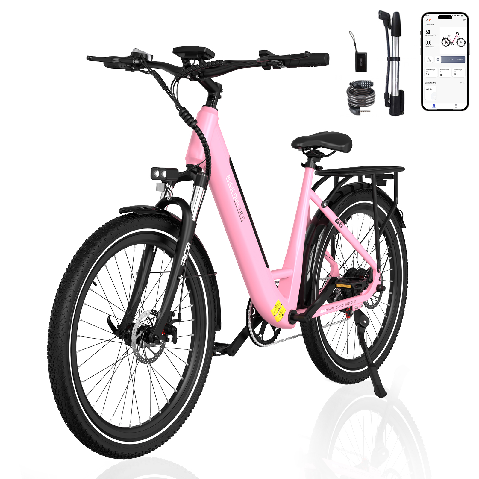 Rosa E-Bike mit angezeigten Spezifikationen und Abmessungen, einschließlich Maße und Gewicht.