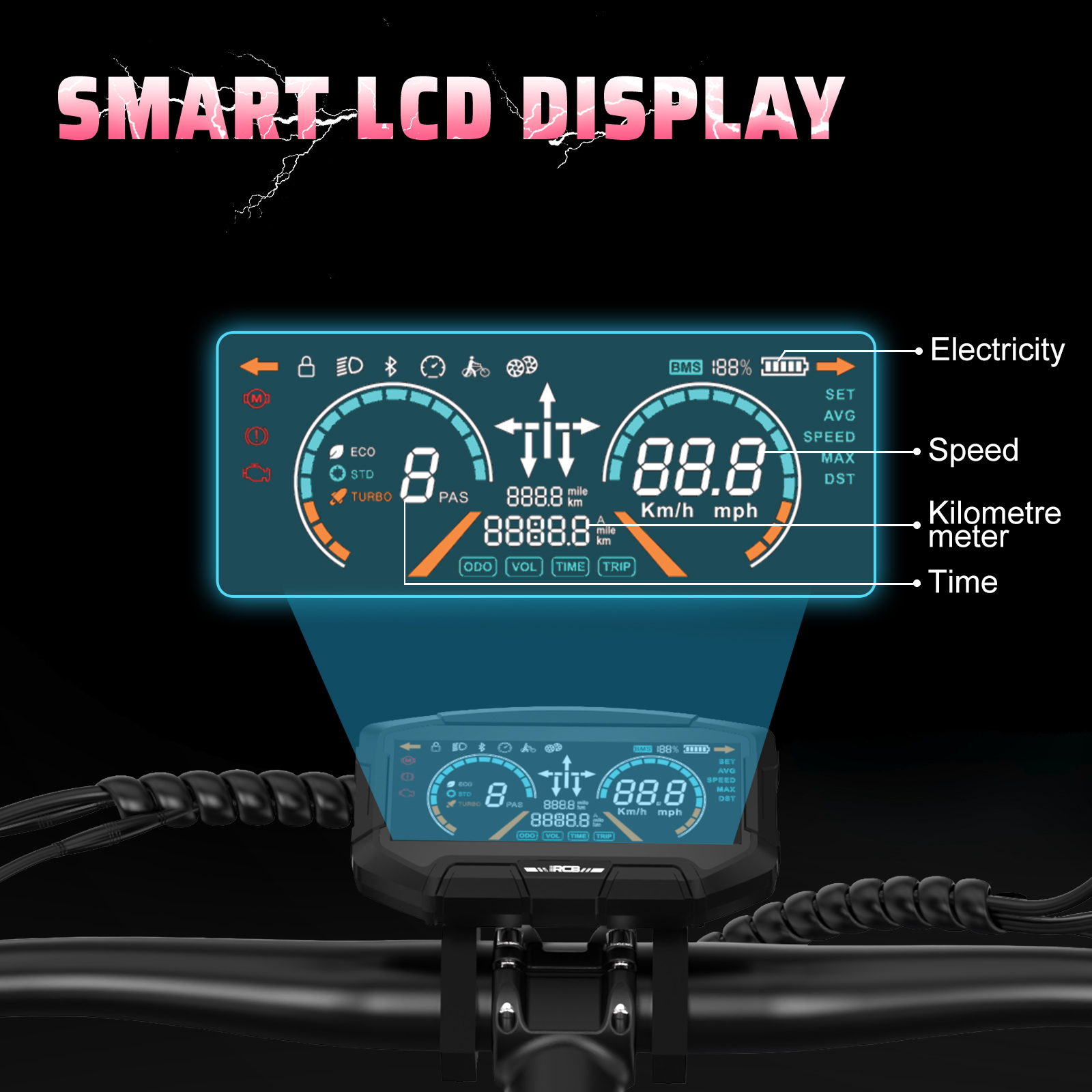 Pantalla LCD de e-bike muestra velocidad, batería, hora y otra información.