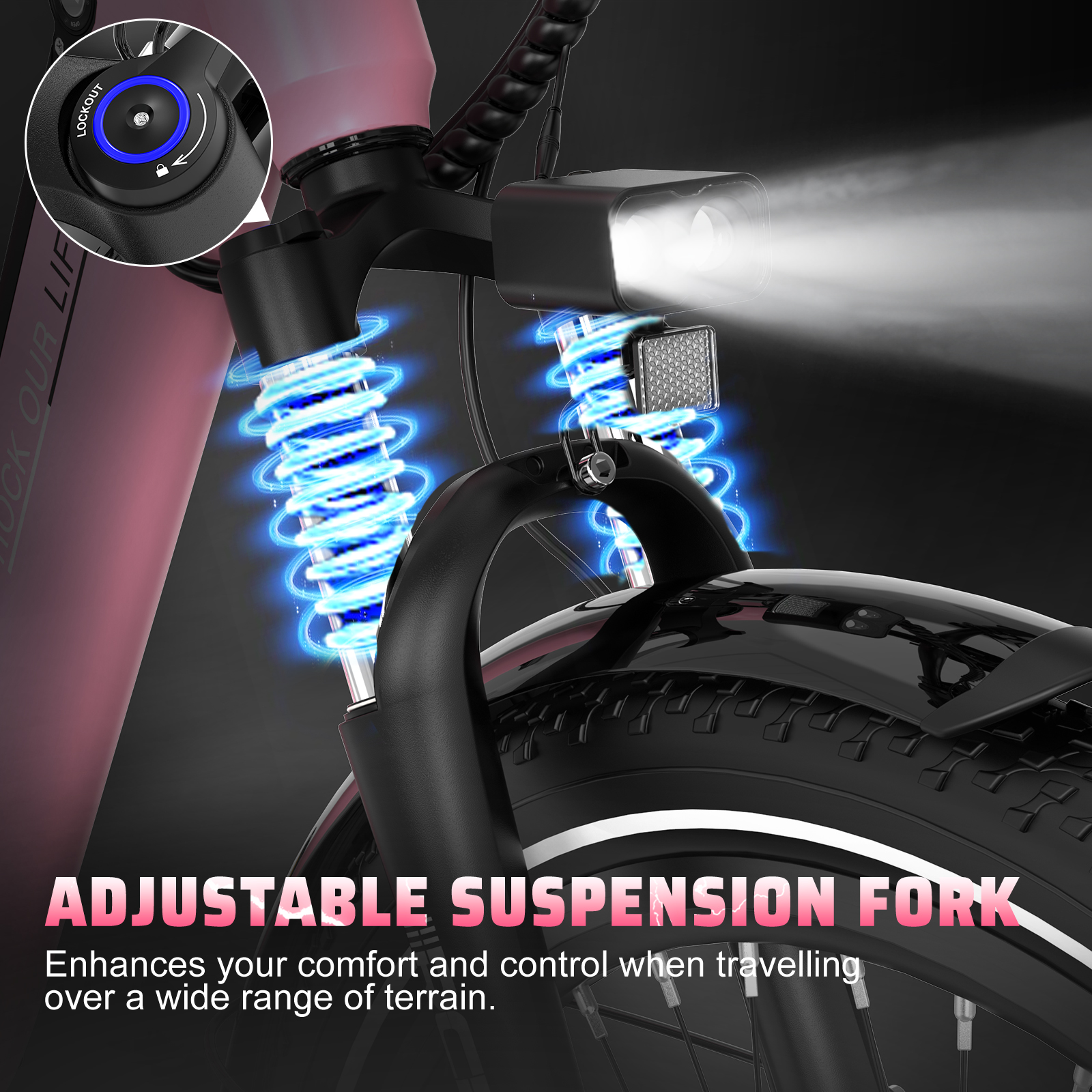 Primer plano de la suspensión delantera de una bicicleta eléctrica con faro brillante y superposición de texto.