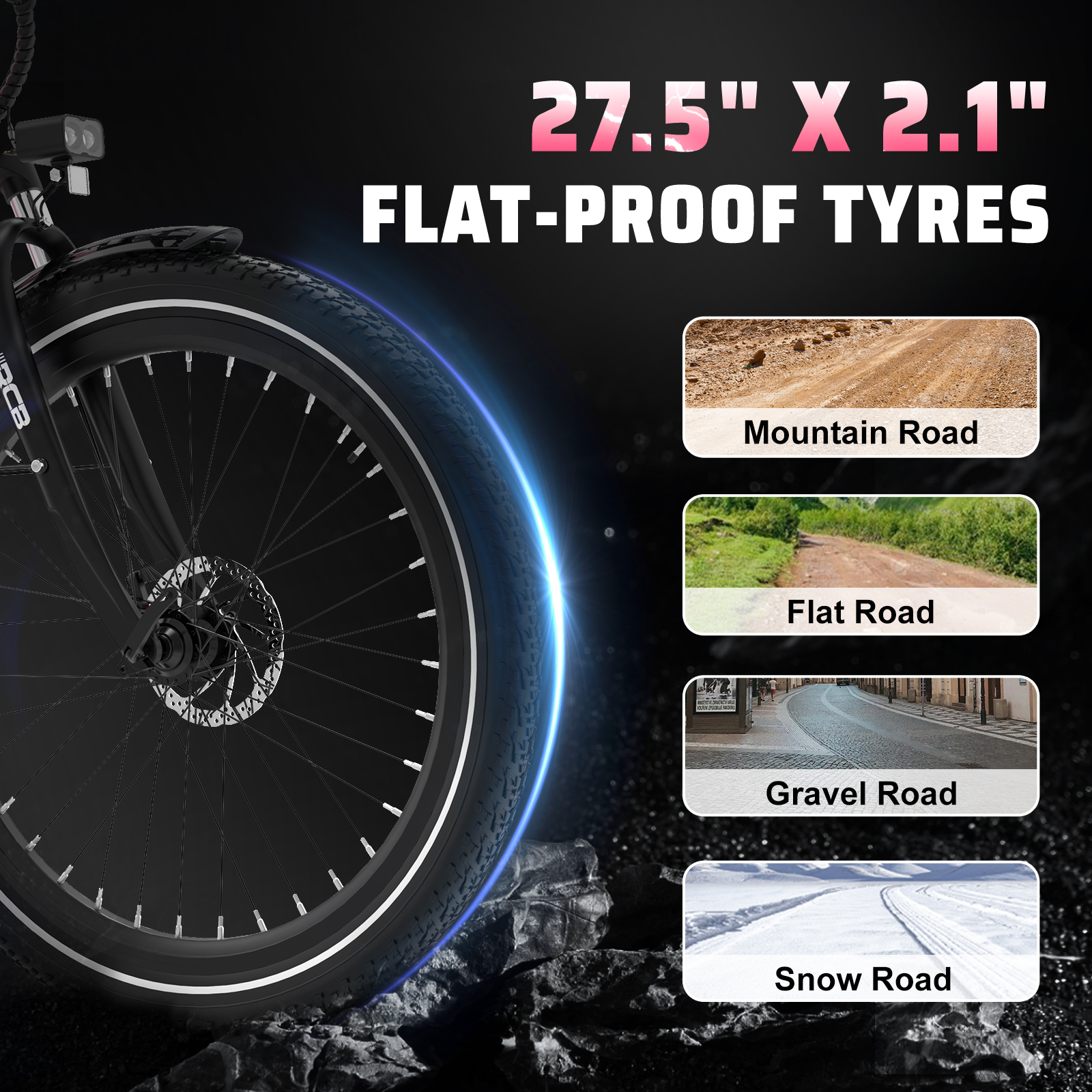Neumático de e-bike con opciones de superficie: montaña, llano, grava y nieve.