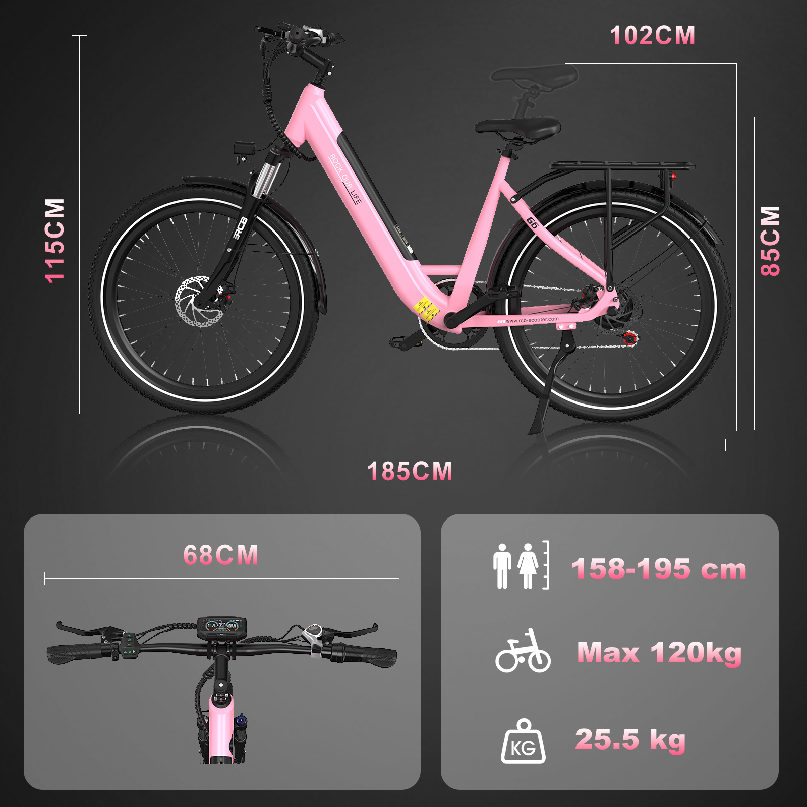 E-bike con dimensiones mostradas, incluyendo altura, longitud y límites de altura/peso del usuario.