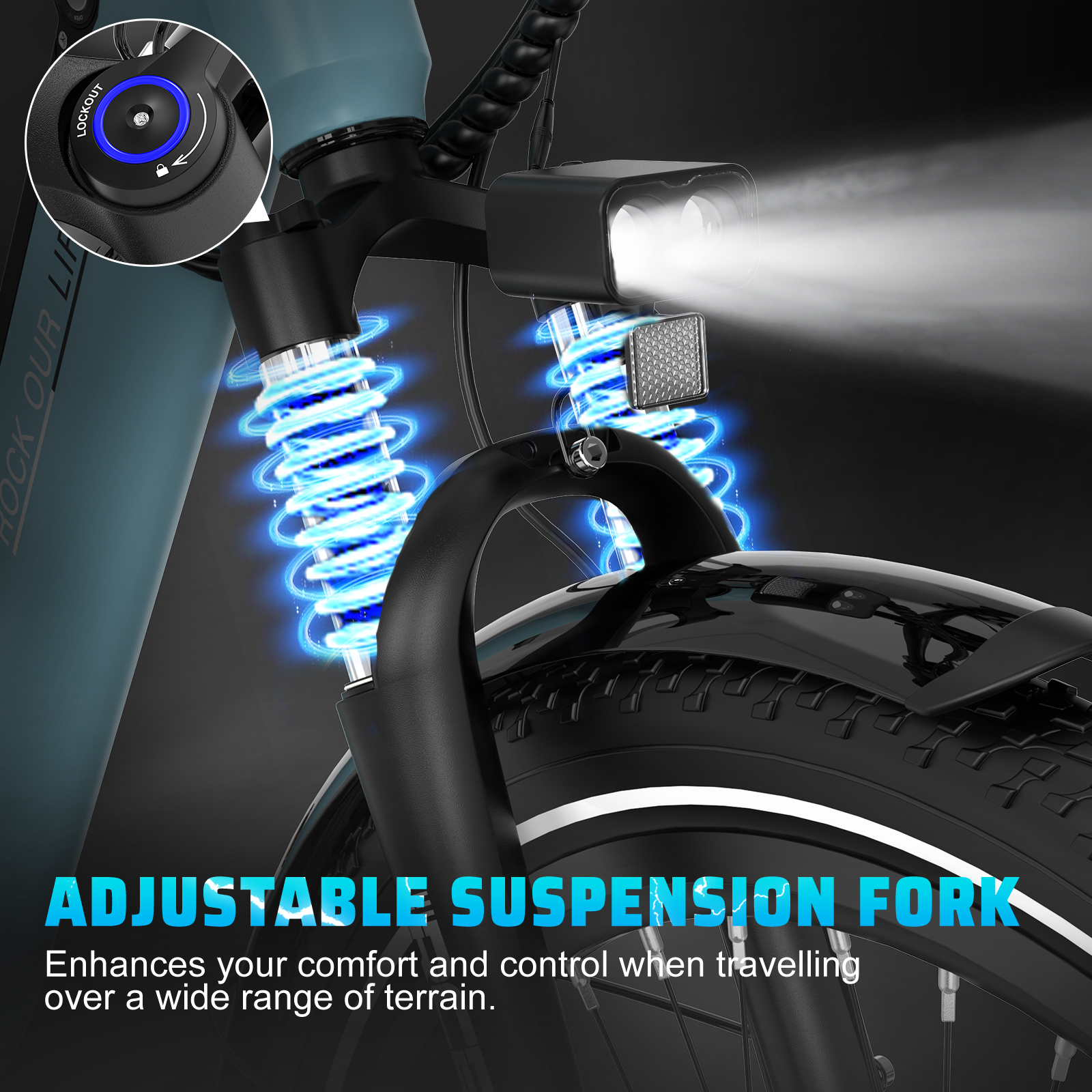 Nahaufnahme der Vorderradaufhängung eines E-Bikes. Scheinwerfer an, blaue Akzente an Federn.