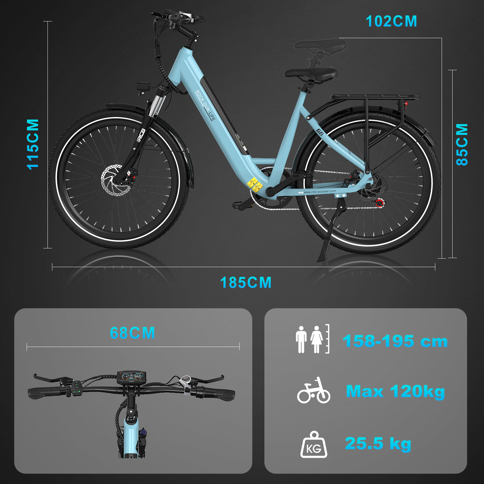 Elektrofahrrad mit Maßen. Zeigt Höhe, Länge und Gewicht. Weißer Hintergrund.