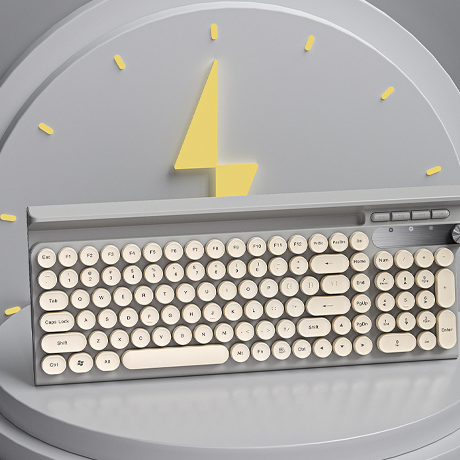 Eine graue Tastatur mit runden, cremefarbenen Tasten. Ein gelber Blitz im Hintergrund.