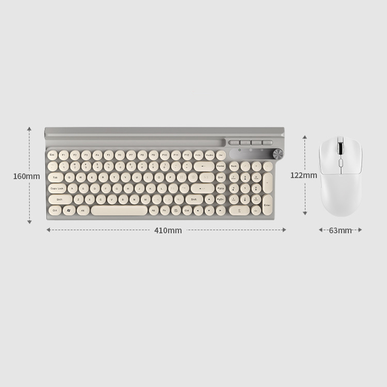 Tastatur und Maus, grau mit runden Tasten. Abmessungen 410mm x 160mm x 122mm x 63mm.