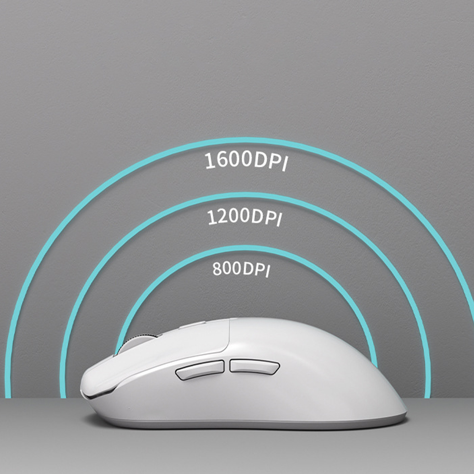 Eine weiße Maus mit DPI-Anzeigen im Hintergrund, die 800, 1200 und 1600 DPI-Stufen zeigen.