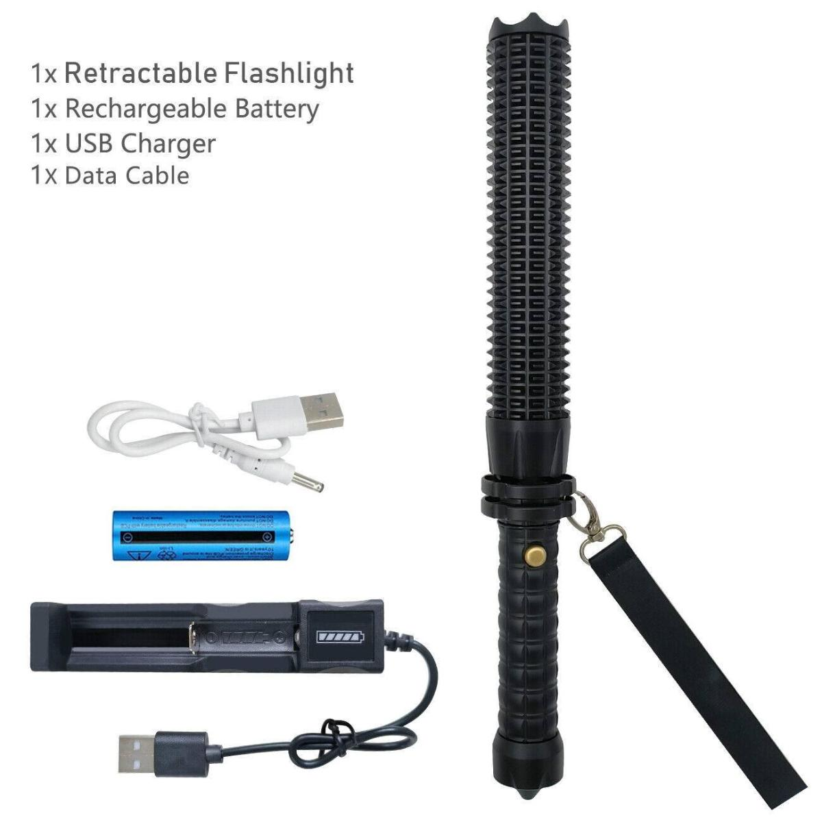 Schwarze Taschenlampe und Zubehör. Enthält ein Ladegerät, einen Akku und ein USB-Kabel. Weißer Hintergrund.