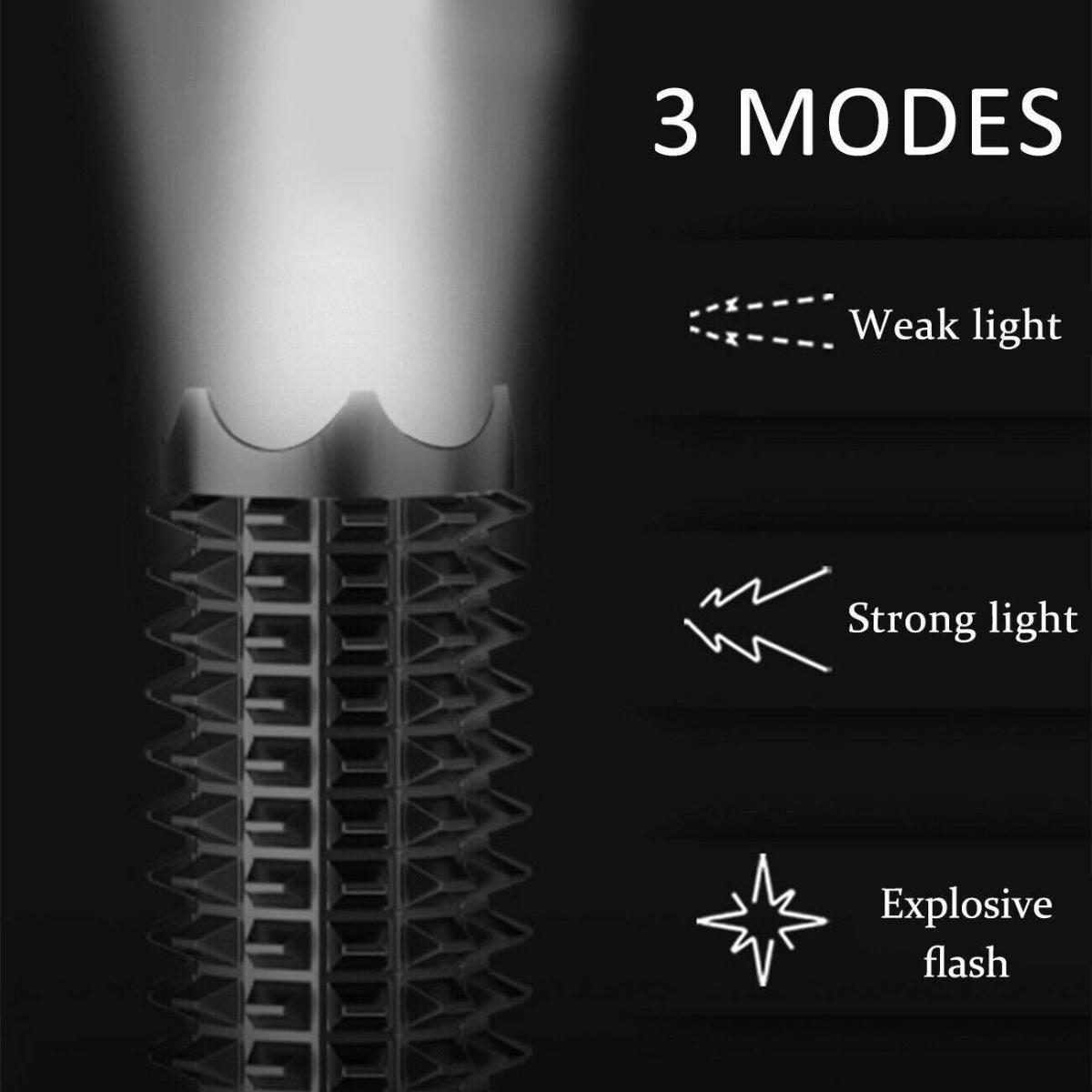 Taschenlampe mit 3 Modi: schwaches Licht, starkes Licht und explosiver Blitz, auf schwarzem Hintergrund.