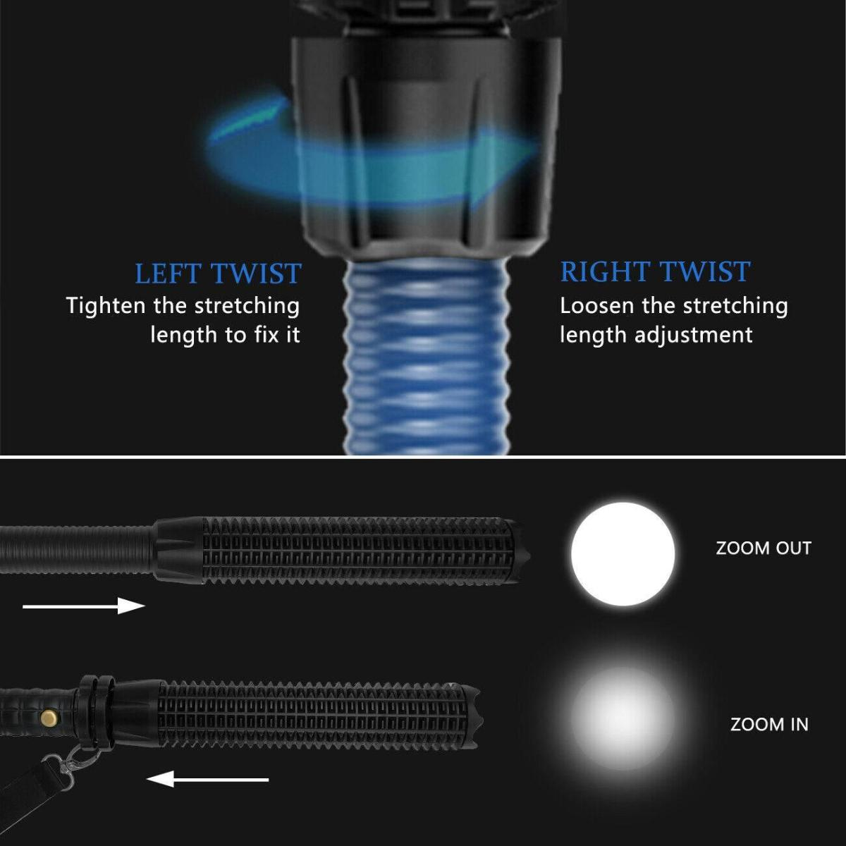 Taschenlampe mit Zoom- und Dreheinstellungen. Zoom-in/out und Drehrichtungen werden gezeigt.
