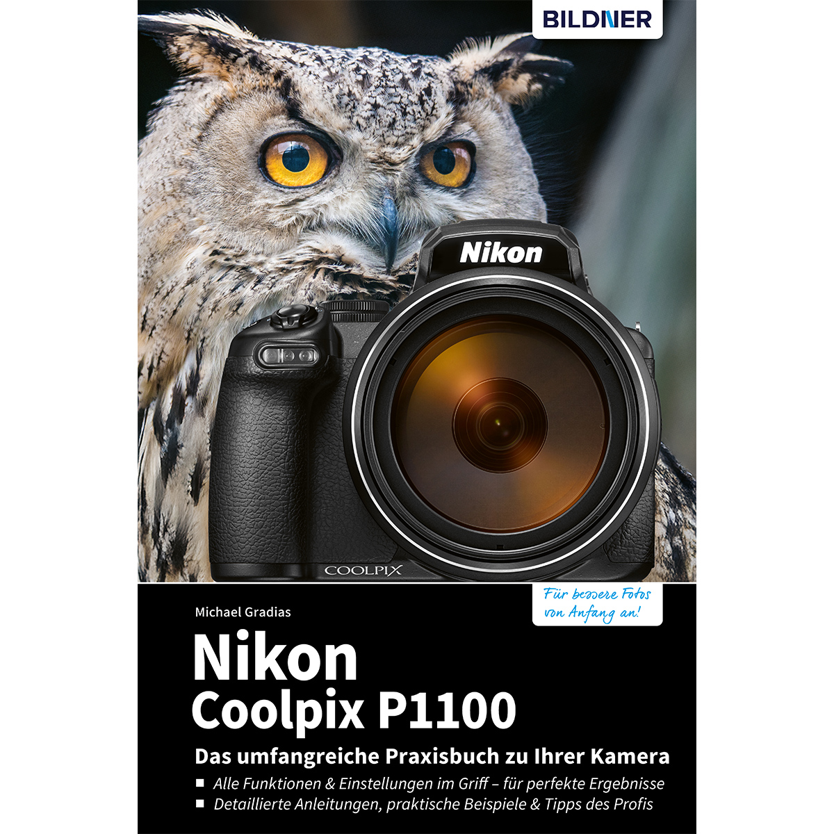 Eule über Kamera; Text: Nikon Coolpix P1100, Buchcover.