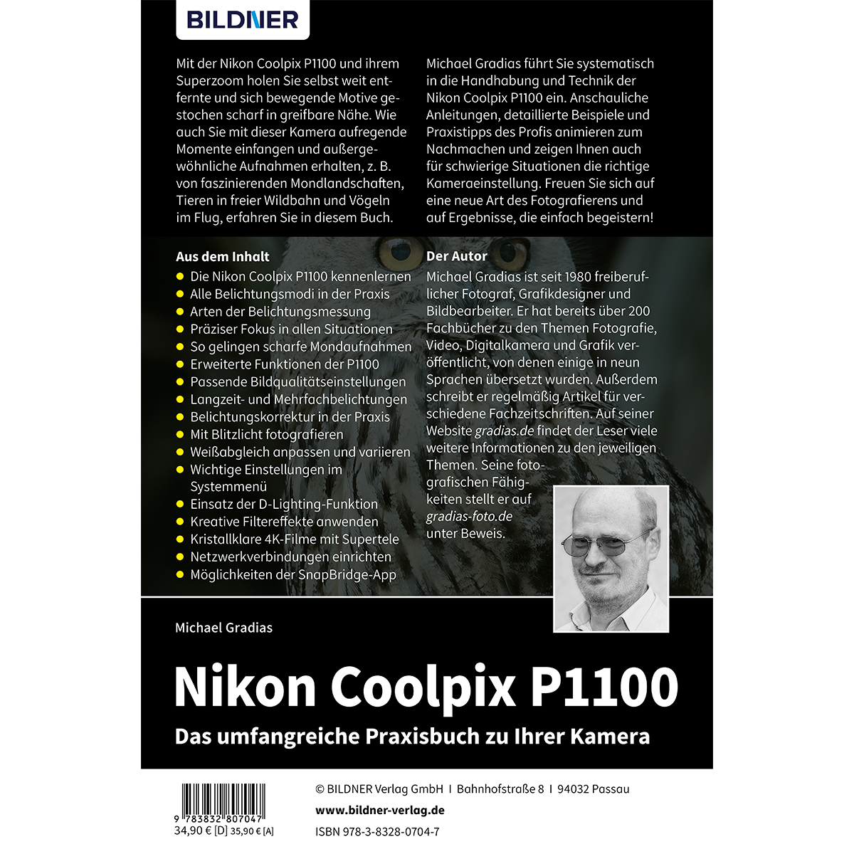 Buchcover mit Nikon Coolpix P1100 Titel und Autorenfoto. Enthält einen detaillierten Text.
