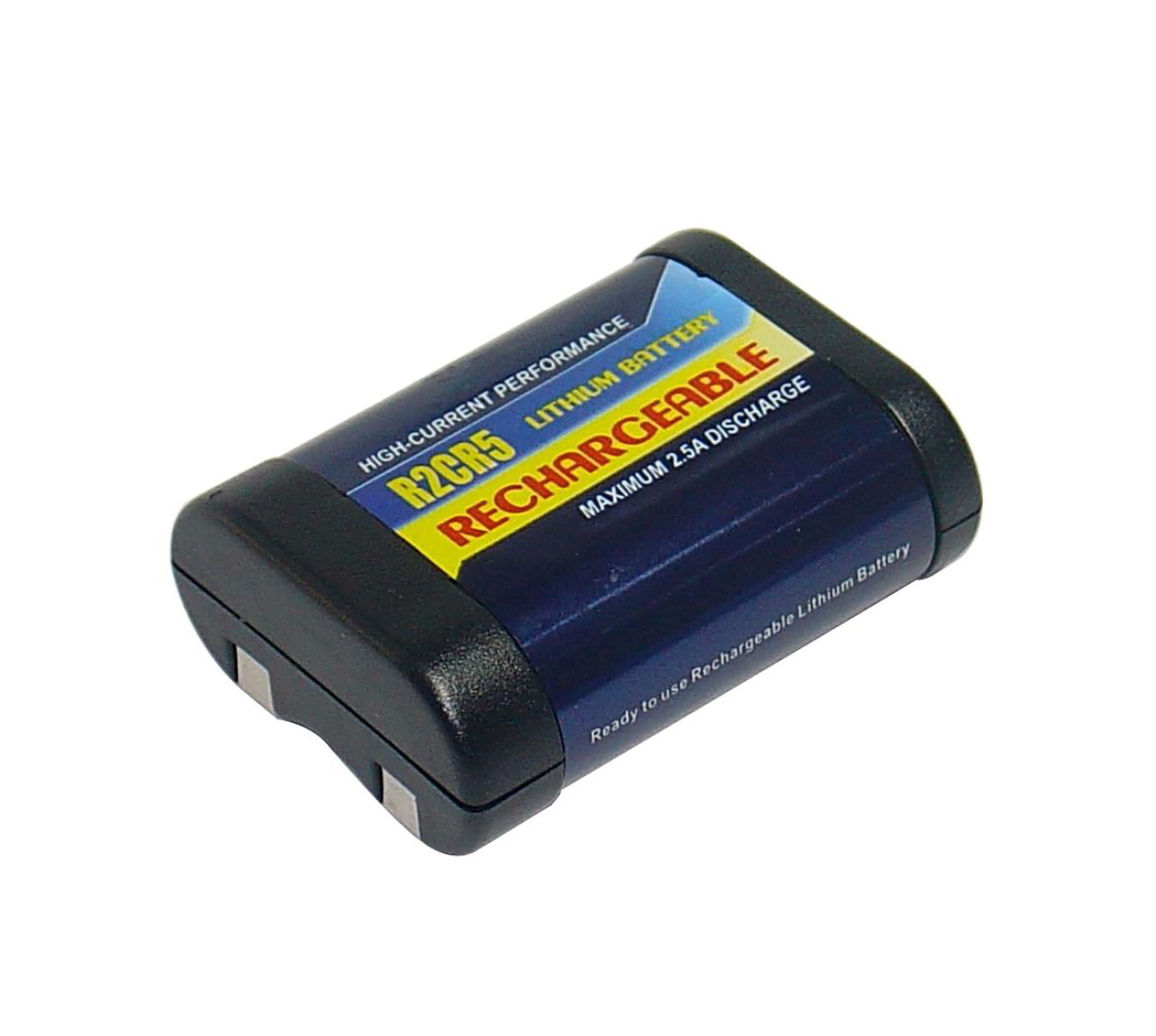 Una batteria al litio ricaricabile con involucro nero ed etichetta blu e gialla.