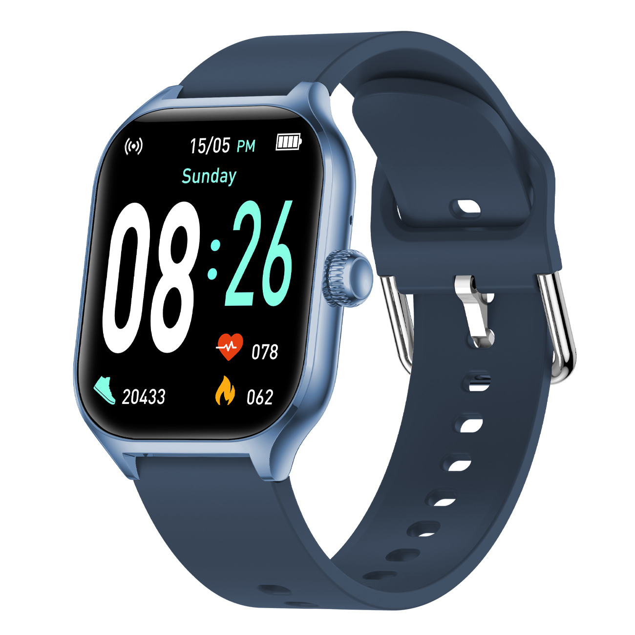 Blaue Smartwatch, die Uhrzeit, Datum, Herzfrequenz, Schritte und Akkuladung anzeigt.