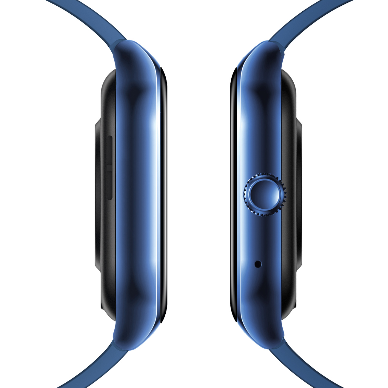Zwei Seitenansichten einer blauen Smartwatch, wobei die Seitentaste auf einer Seite sichtbar ist.