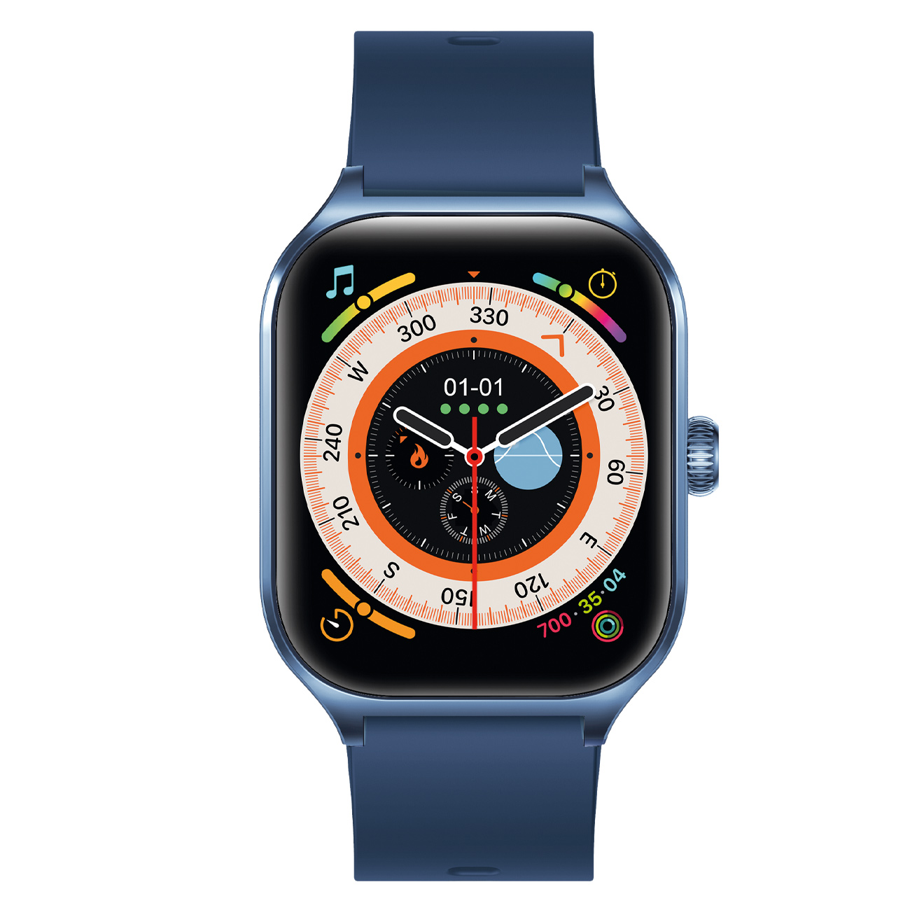 Blaue Smartwatch mit weiß-orangefarbenem Zifferblatt, mit Uhrzeit-, Datums- und Aktivitätsverfolgung.
