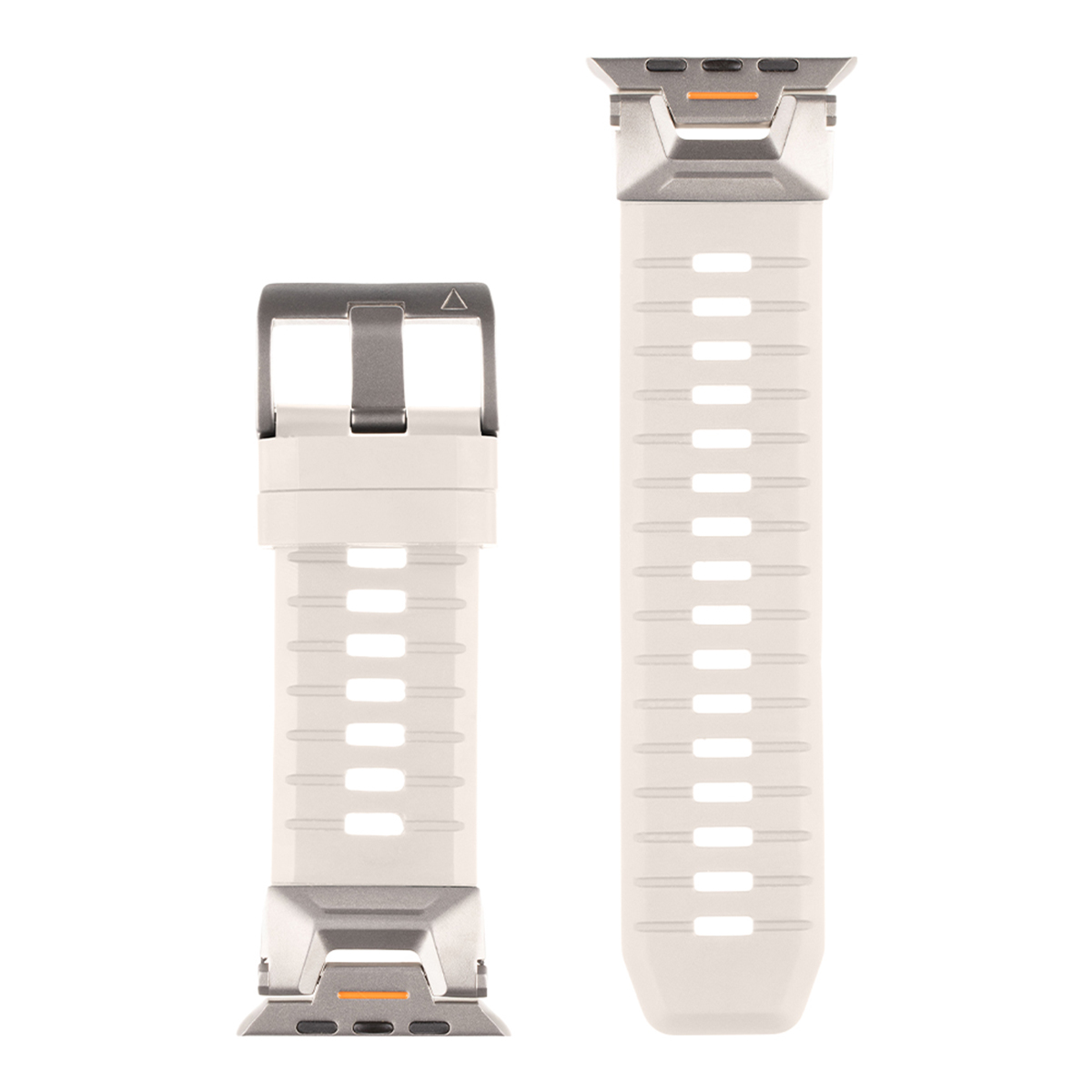 Cinturino bianco e argento, che mostra una chiusura e il design strutturato del cinturino.