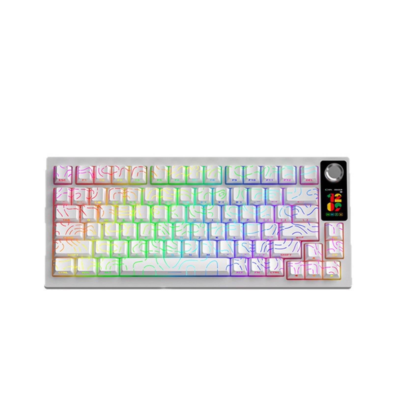 Weiße Tastatur mit regenbogenfarbenen Tasten und einem Bildschirm an der Seite.