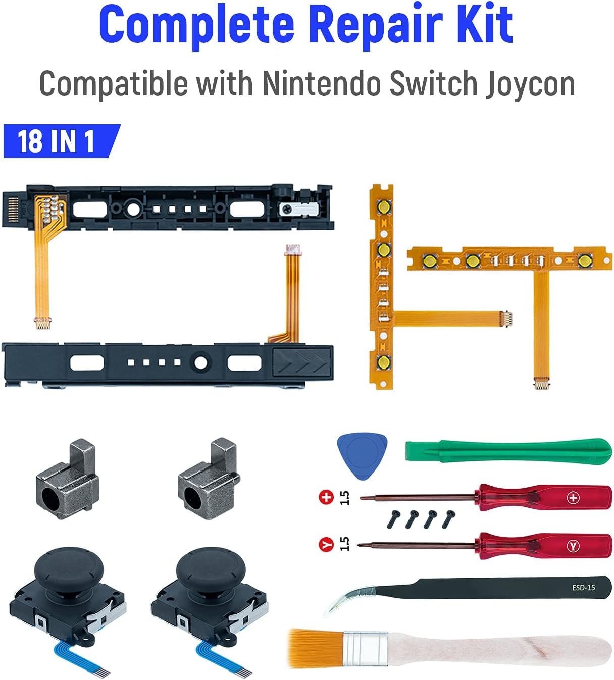 Reparatur-Kit für Nintendo Switch Joycon. Enthält Werkzeuge und Ersatzteile für das Gerät.
