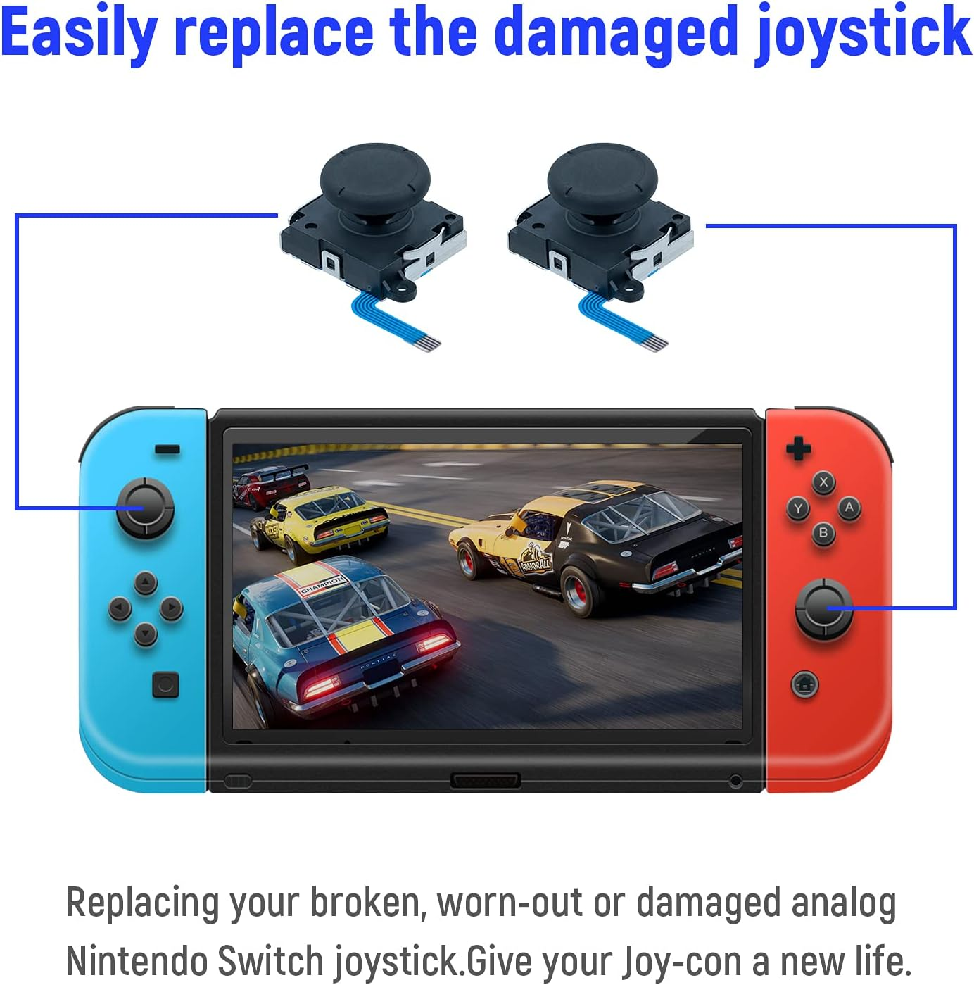 Nintendo Switch Konsole mit abgenommenen Controllern. Zeigt ein Rennspiel auf dem Bildschirm.