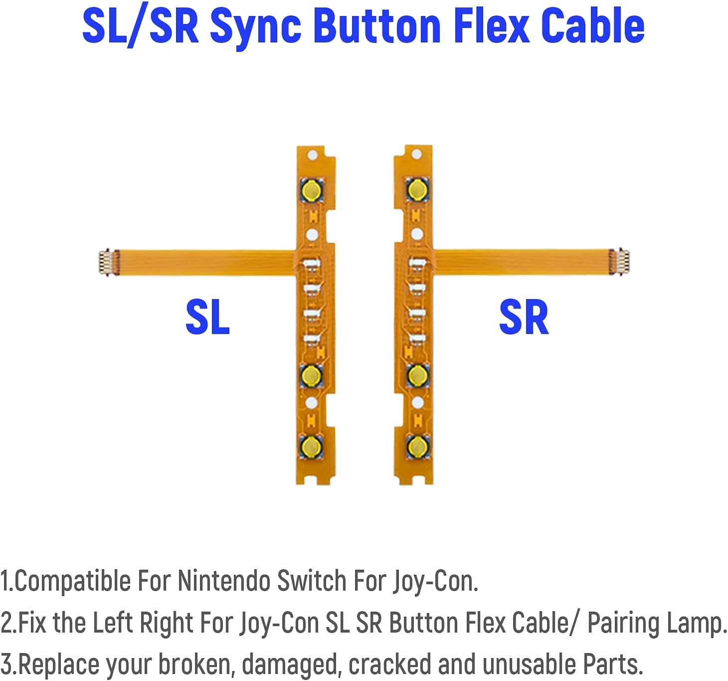 Zwei SL/SR Sync Button Flexkabel. Text beschriftet jedes Kabel, mit weißem Hintergrund.