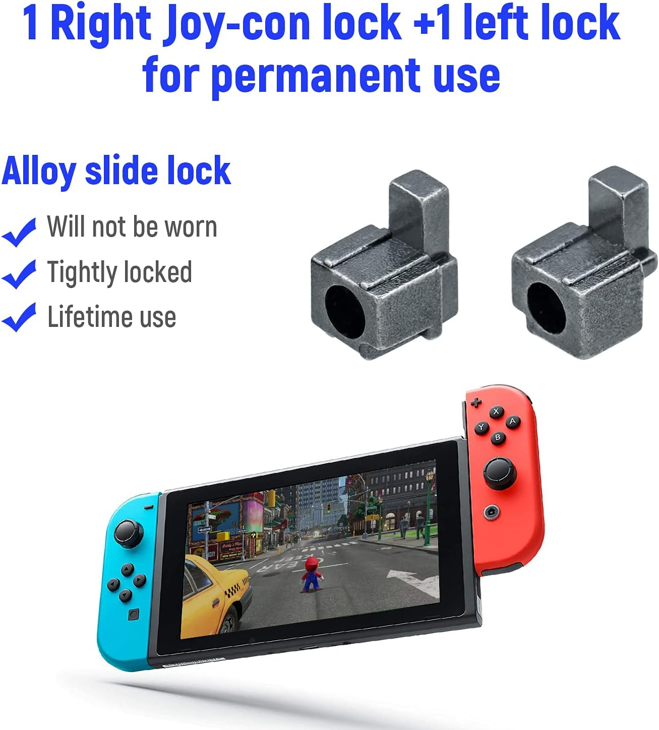 Nintendo Switch mit angeschlossenen Joy-Cons, zeigt zwei graue Legierungsschlösser.
