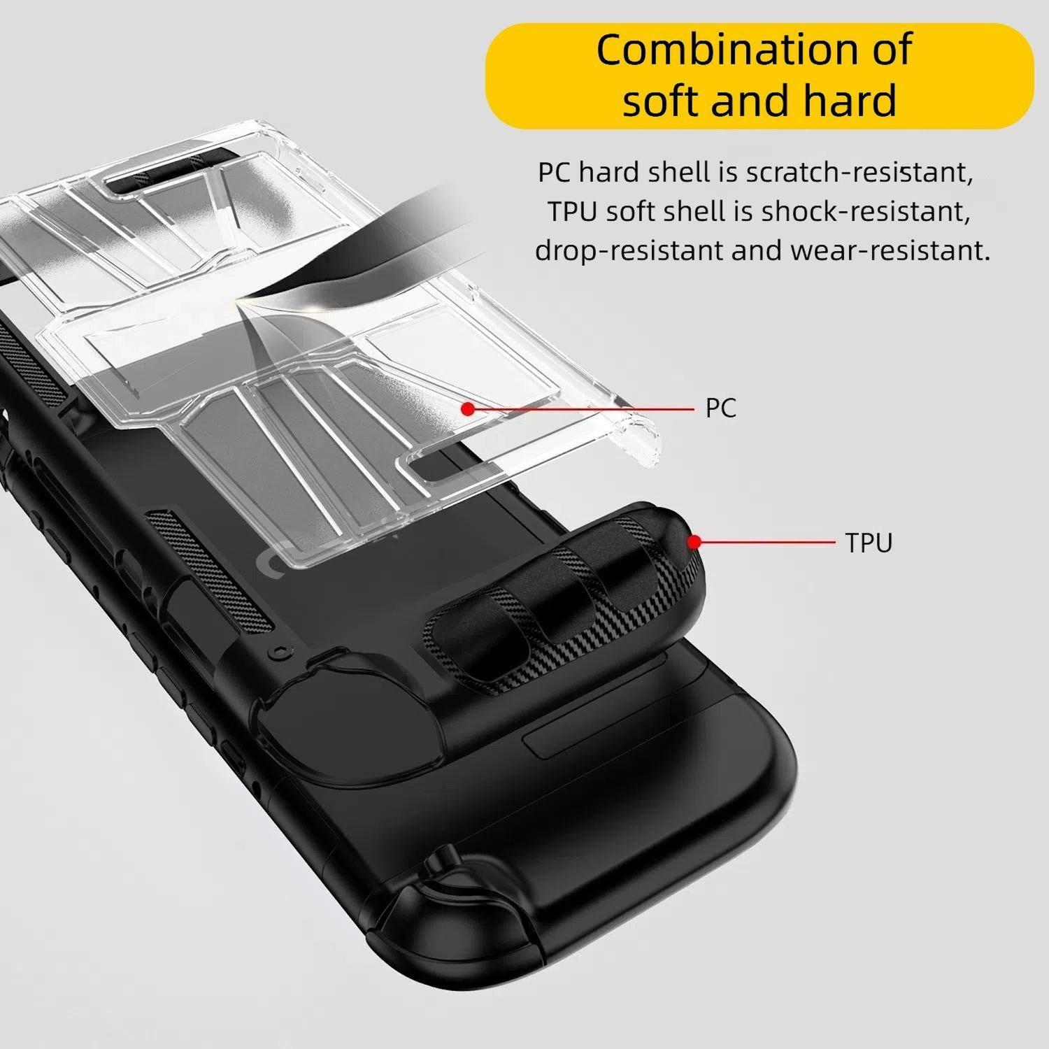 Schwarze Nintendo Switch-Hülle mit PC- und TPU-Schichten, mit Textbeschriftungen.
