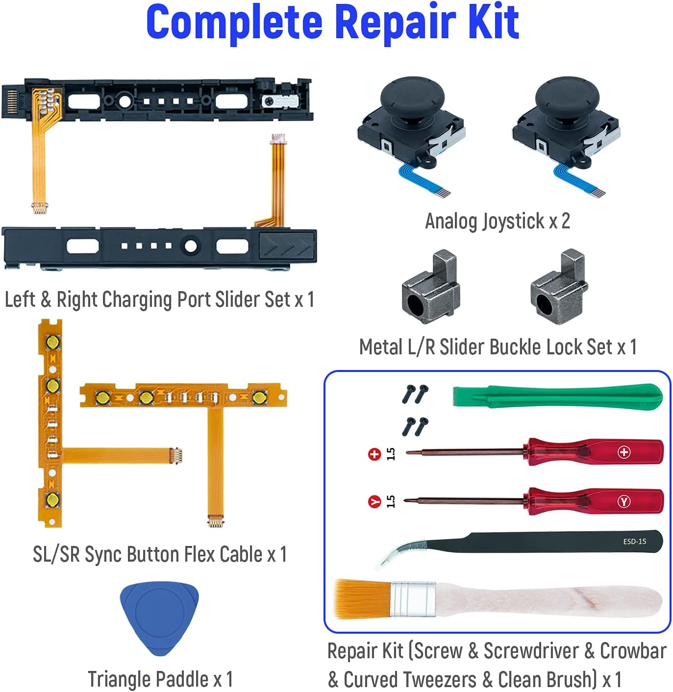 Komplettes Reparaturset mit verschiedenen Werkzeugen und Ersatzteilen für Nintendo Switch.