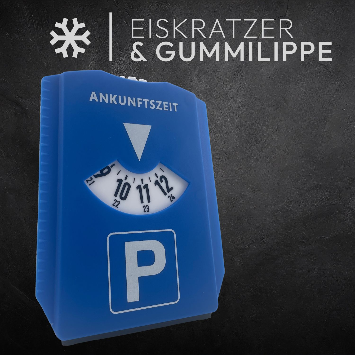 Blaue Parkscheibe mit Zeiteinstellungen. Weißer Schneeflocke und schwarzem Hintergrund.